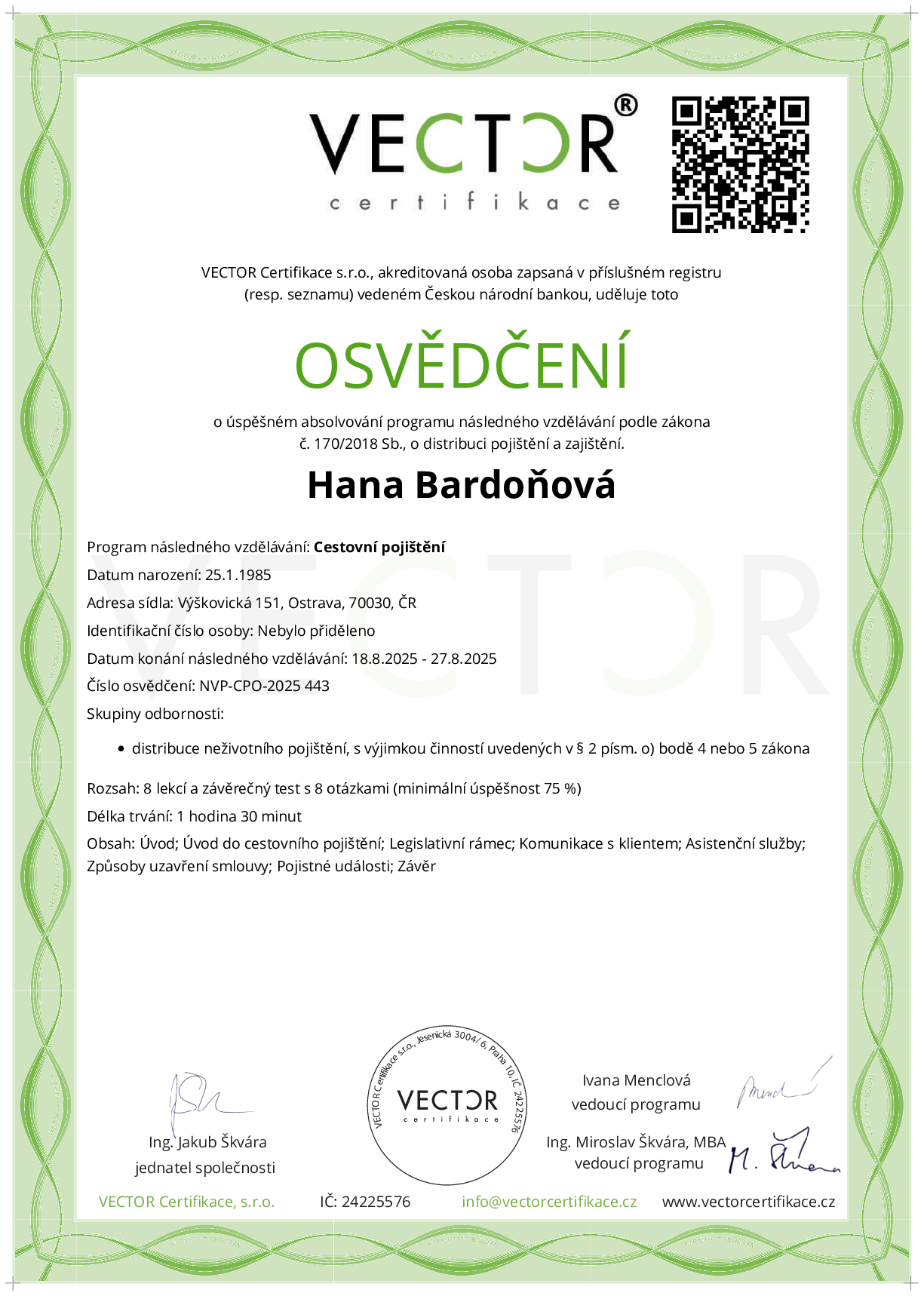 Osvědčení kurzu: Cestovní pojištění (NVP-CPO-2025)