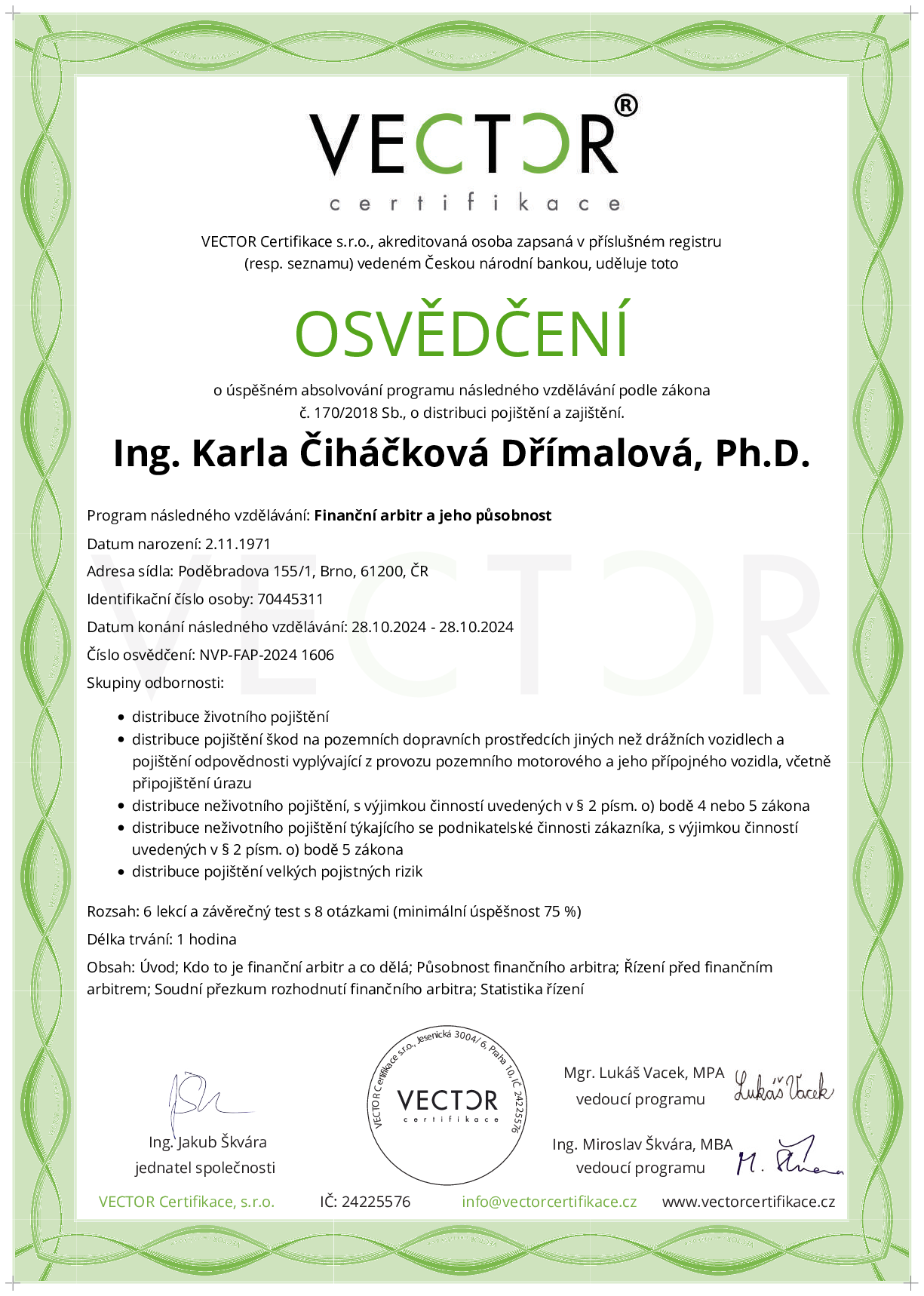 Osvědčení kurzu: Finanční arbitr a jeho působnost (NVP-FAP-2024)
