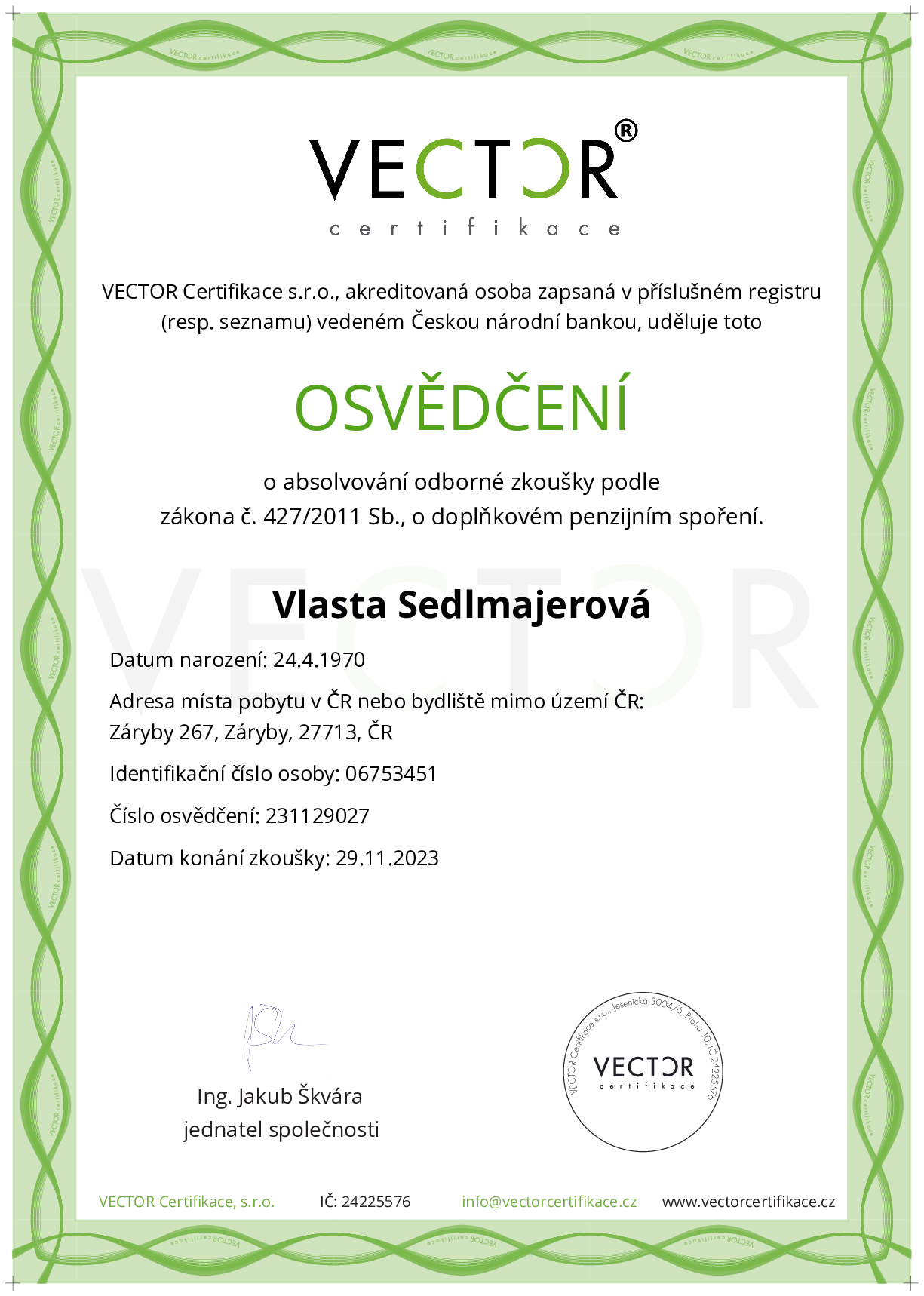 Osvědčení ze zkoušky: DPS - Doplňkové penzijní spoření