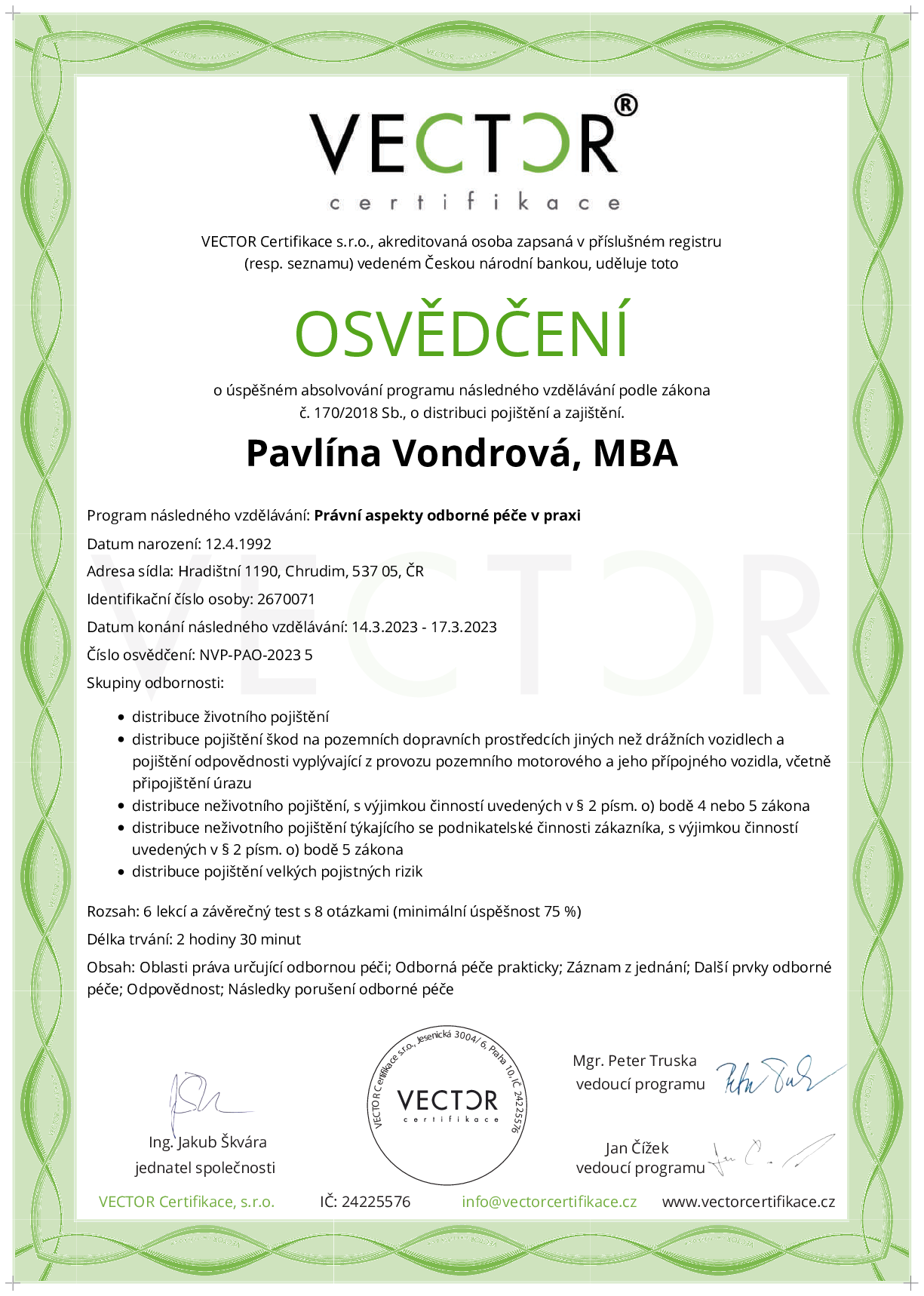 Osvědčení kurzu: Právní aspekty odborné péče v praxi (NVP-PAO-2023)