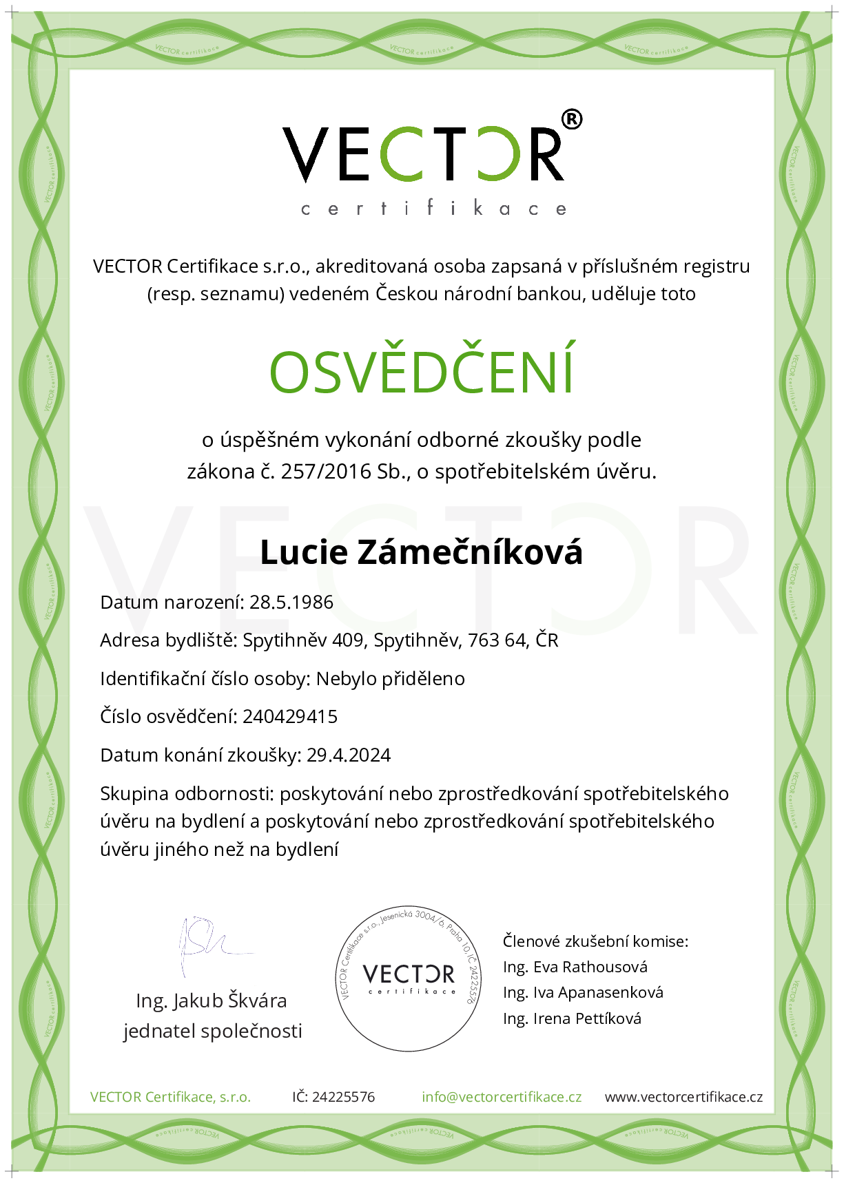 Osvědčení ze zkoušky: IV. ZSU-ABC - Souhrnná zkouška na úvěry