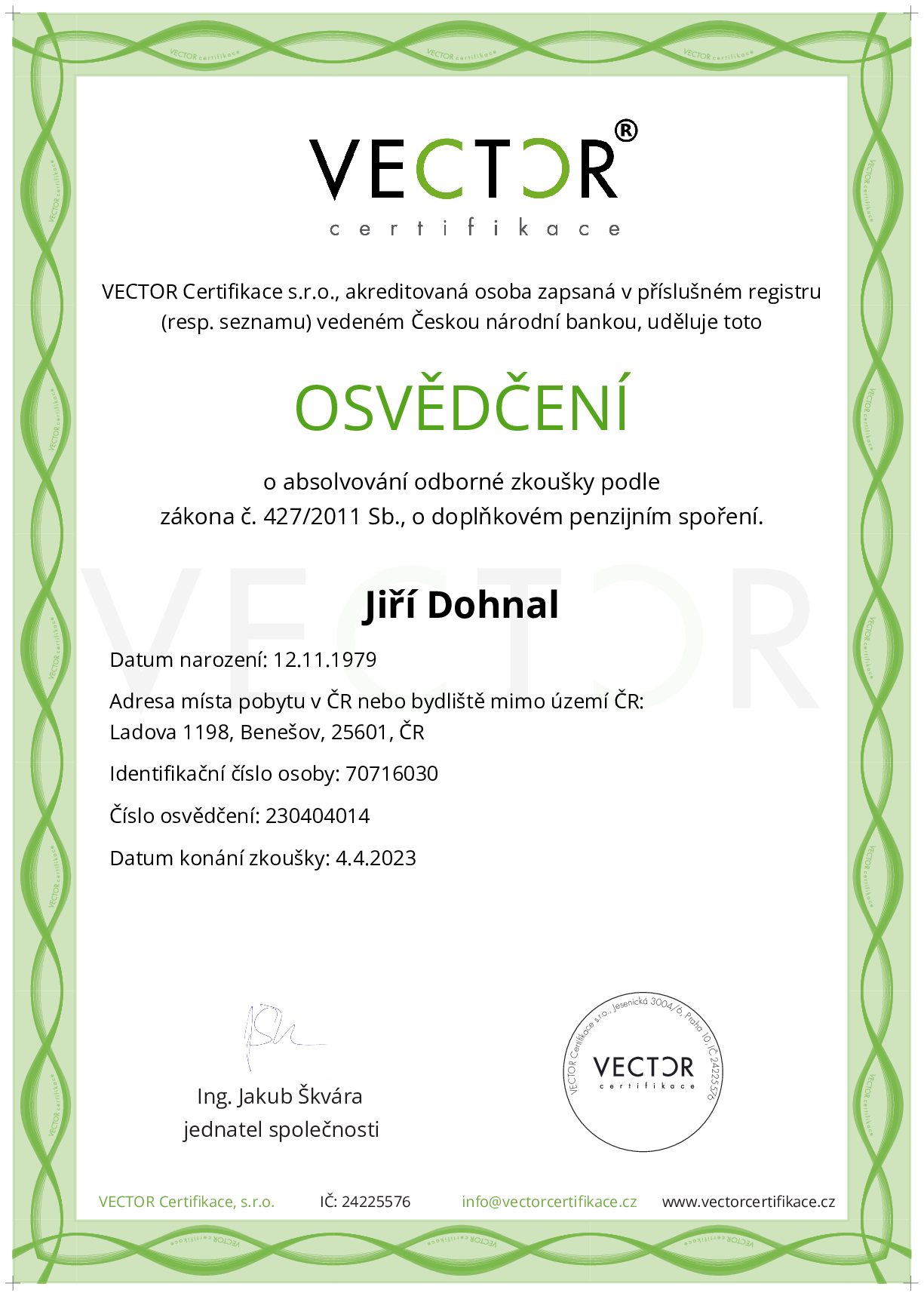 Osvědčení ze zkoušky: DPS - Doplňkové penzijní spoření