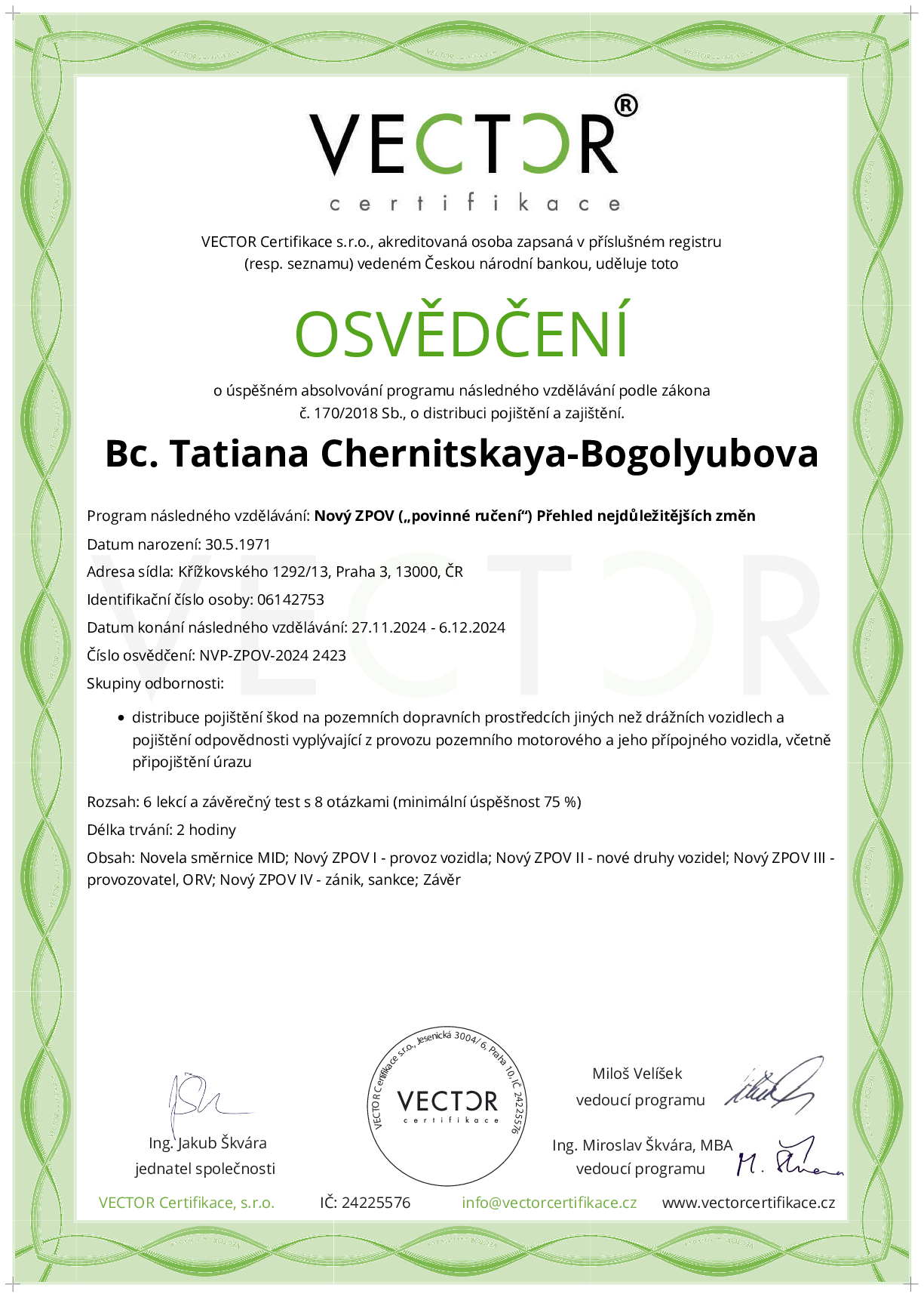 Osvědčení kurzu: Nový ZPOV („povinné ručení“) Přehled nejdůležitějších změn (NVP-ZPOV-2024)