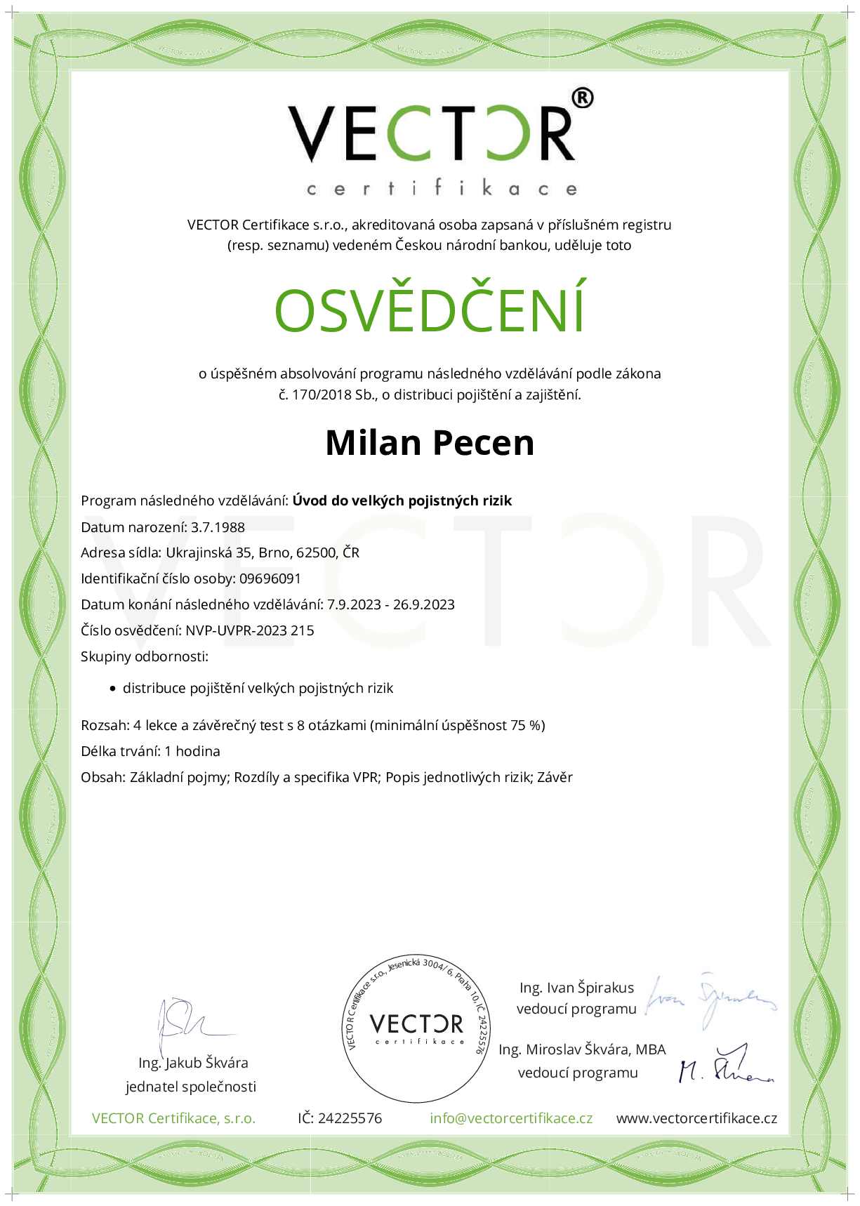 Osvědčení kurzu: Úvod do velkých pojistných rizik (NVP-UVPR-2023)