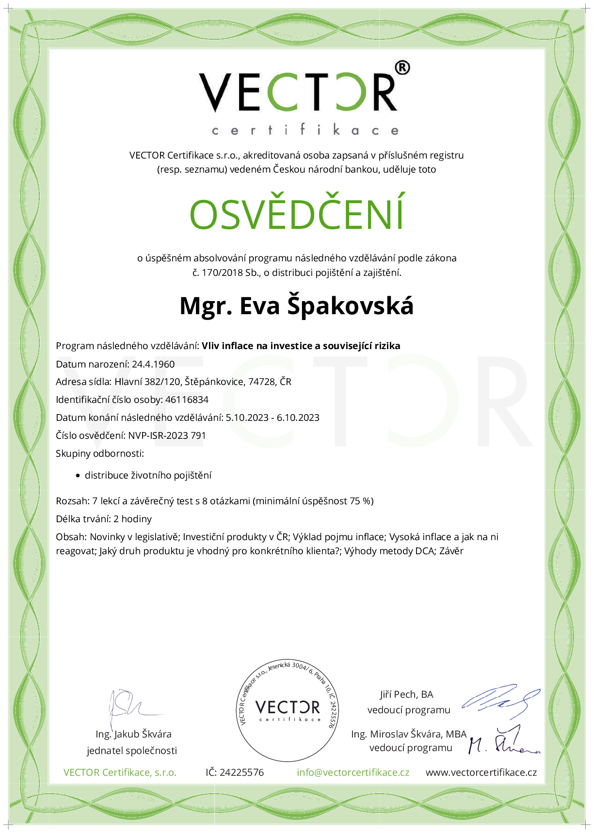 Osvědčení kurzu: Vliv inflace na investice a související rizika (NVP-ISR-2023)