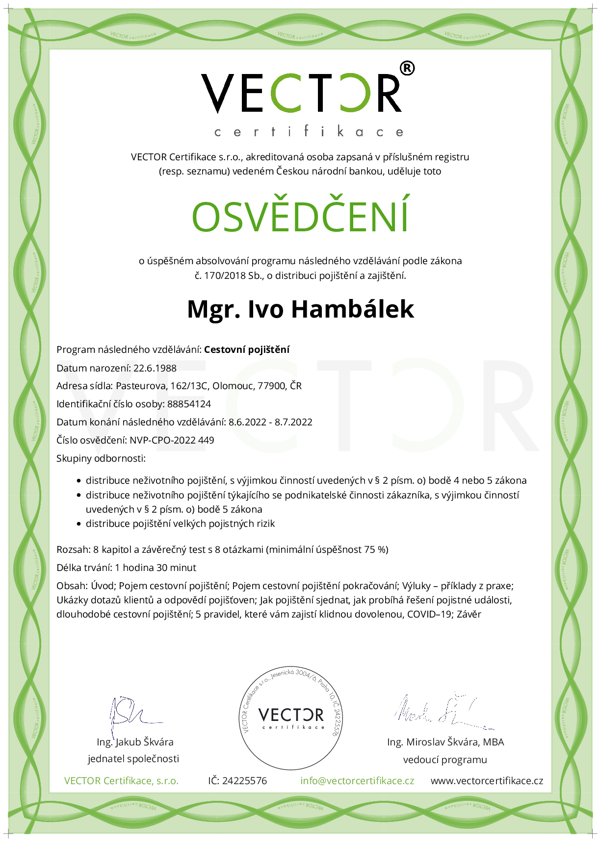 Osvědčení kurzu: Cestovní pojištění (NVP-CPO-2022)
