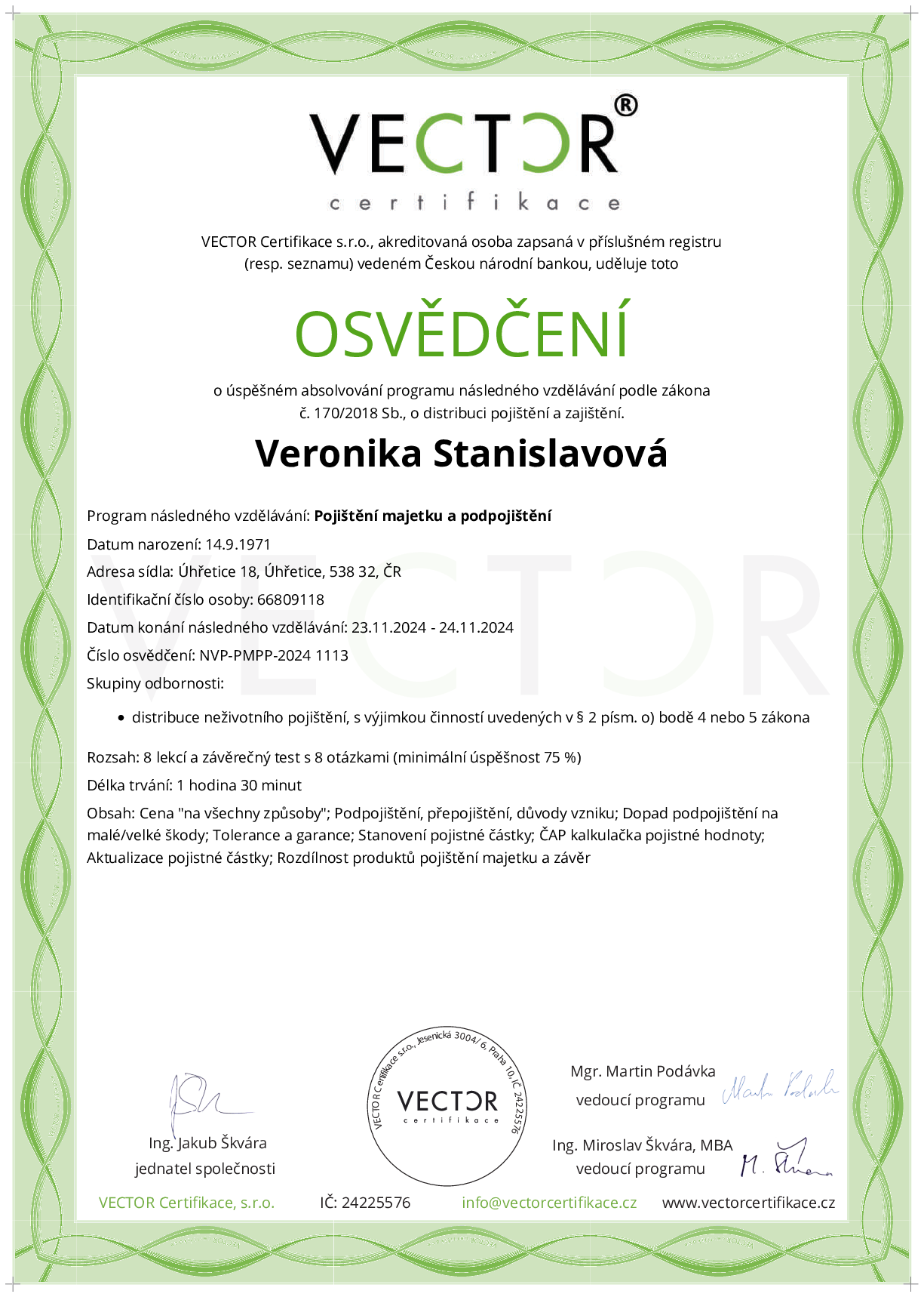 Osvědčení kurzu: Pojištění majetku a podpojištění (NVP-PMPP-2024)