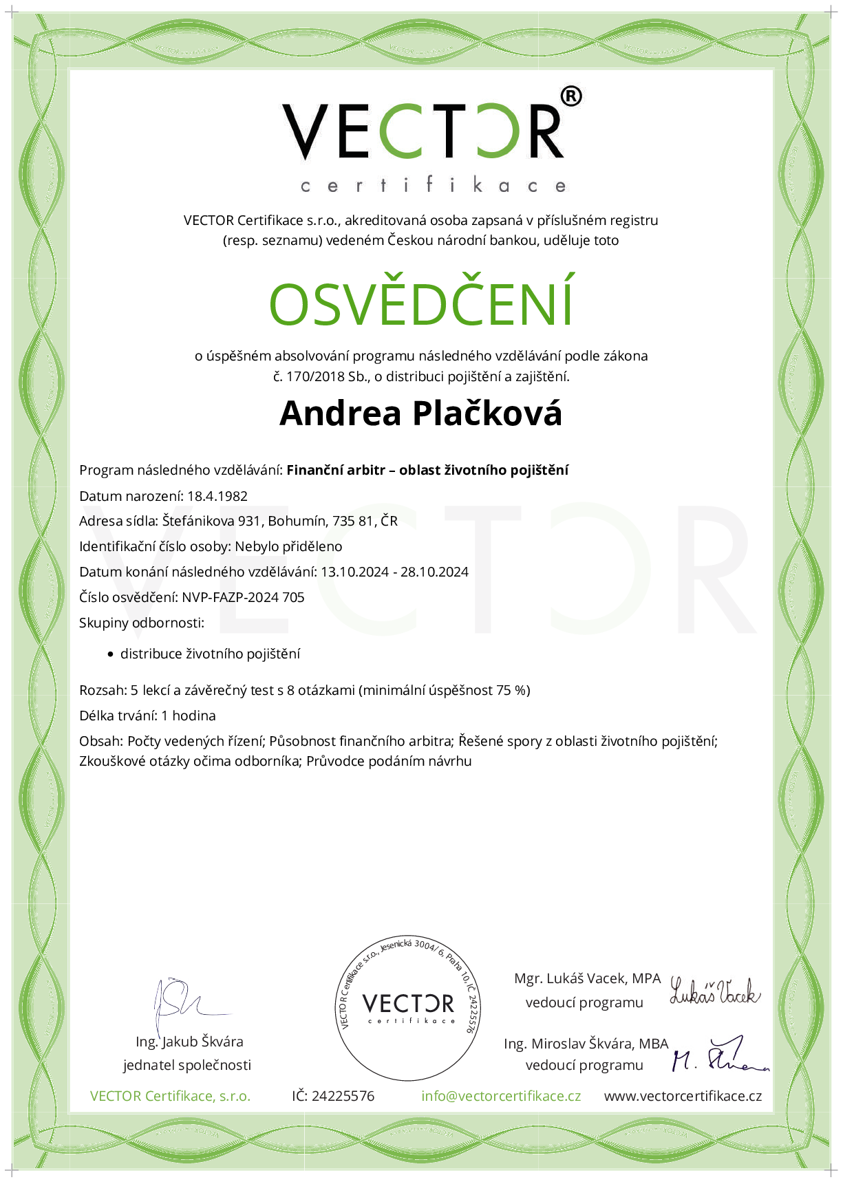 Osvědčení kurzu: Finanční arbitr – oblast životního pojištění (NVP-FAZP-2024)
