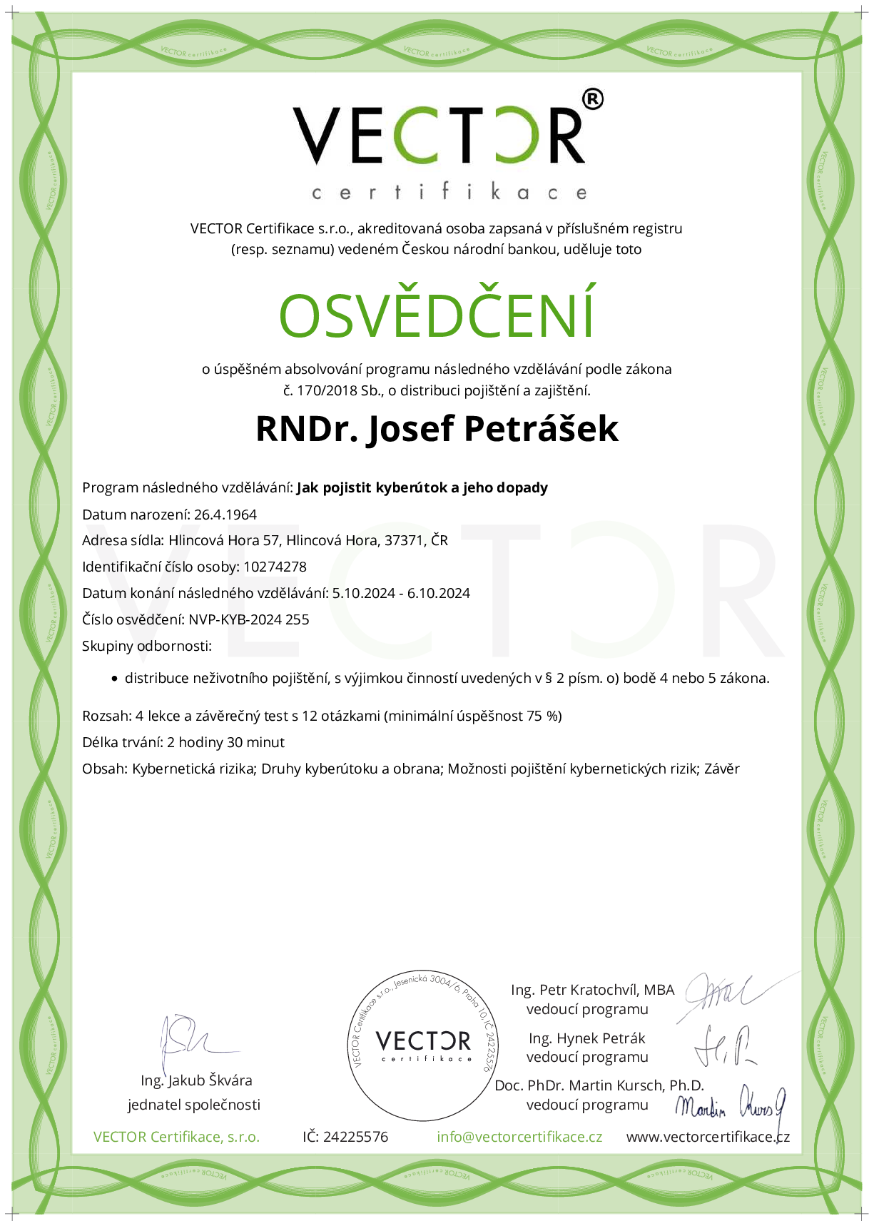 Osvědčení kurzu: Jak pojistit kyberútok a jeho dopady (NVP-KYB-2024)