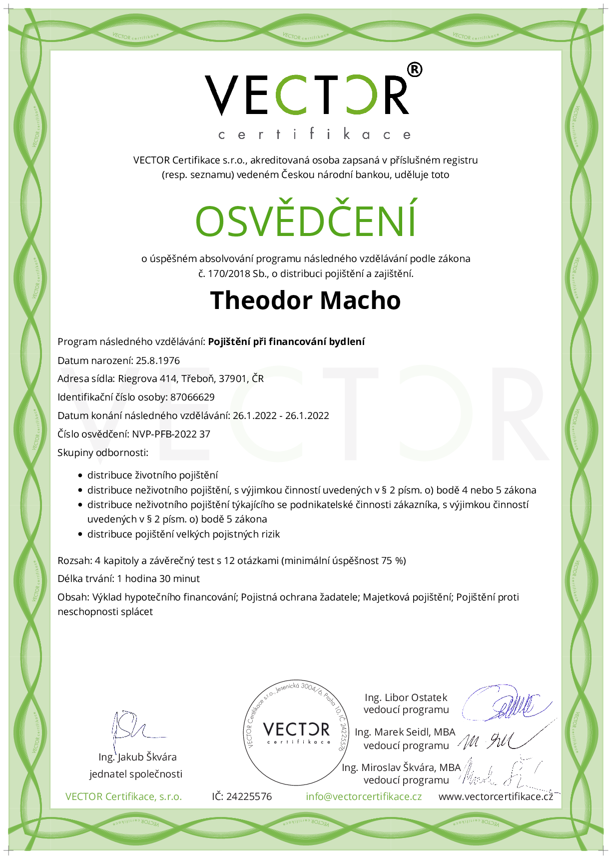 Osvědčení kurzu: Pojištění při financování bydlení (NVP-PFB-2022)