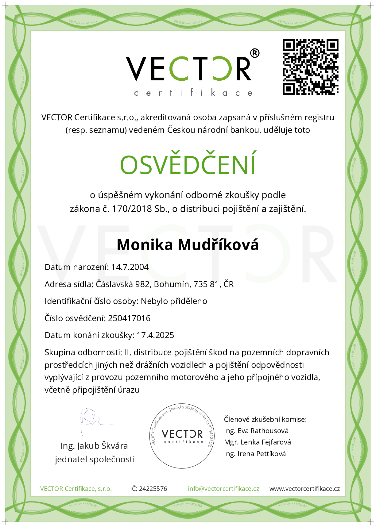 Osvědčení ze zkoušky: II. POJ-MVO - Pojištění motorových vozidel