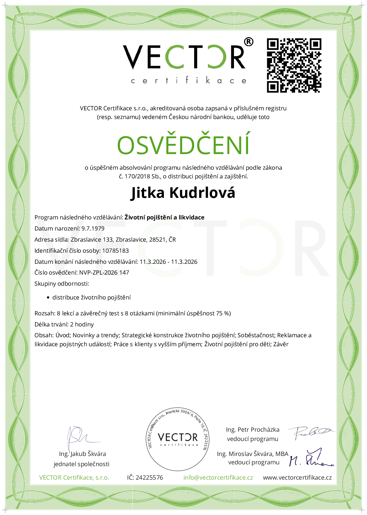 Osvědčení kurzu: Životní pojištění a likvidace (NVP-ZPL-2026)