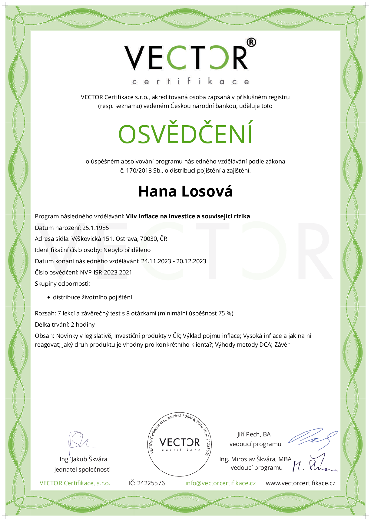 Osvědčení kurzu: Vliv inflace na investice a související rizika (NVP-ISR-2023)