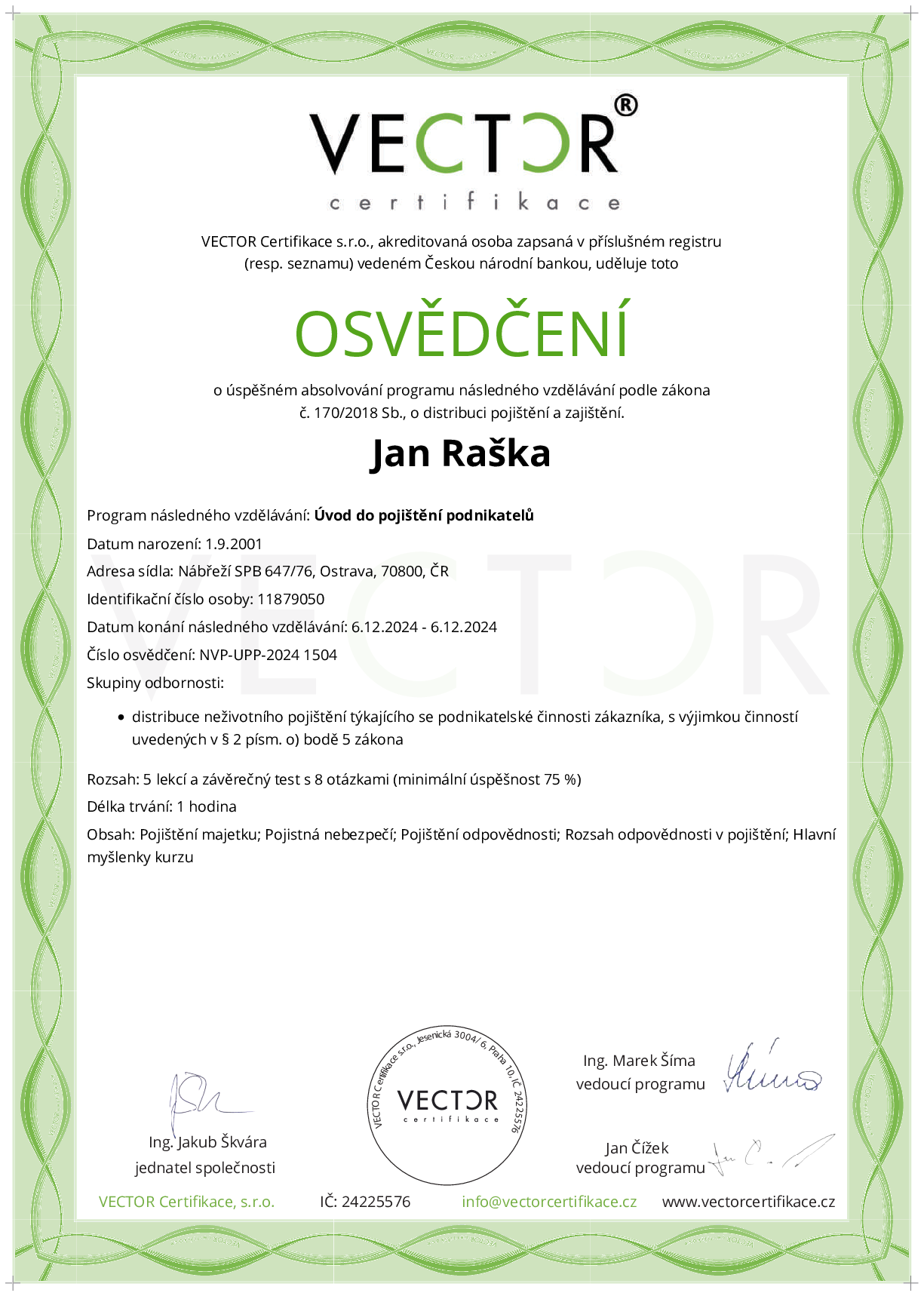 Osvědčení kurzu: Úvod do pojištění podnikatelů (NVP-UPP-2024)