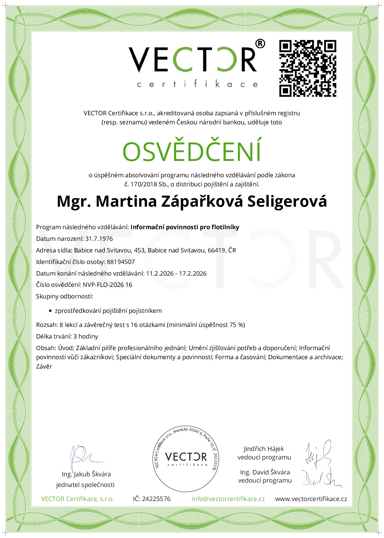 Osvědčení kurzu: Informační povinnosti pro flotilníky (NVP-FLO-2026)