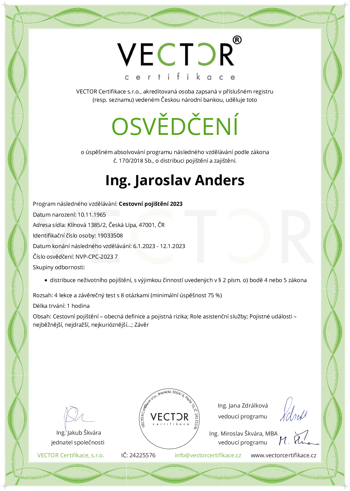 Osvědčení kurzu: Cestovní pojištění 2023 (NVP-CPC-2023)
