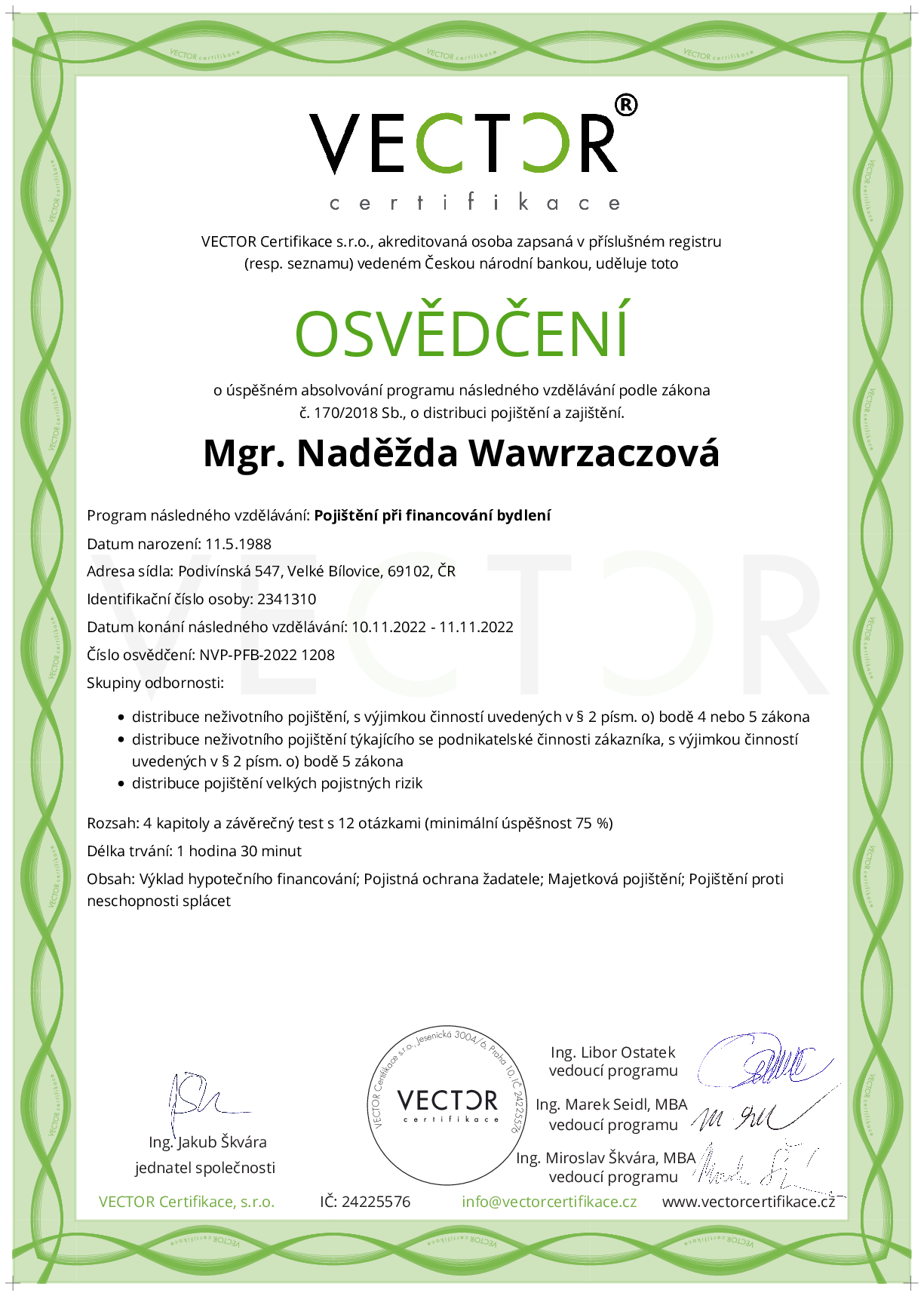 Osvědčení kurzu: Pojištění při financování bydlení (NVP-PFB-2022)