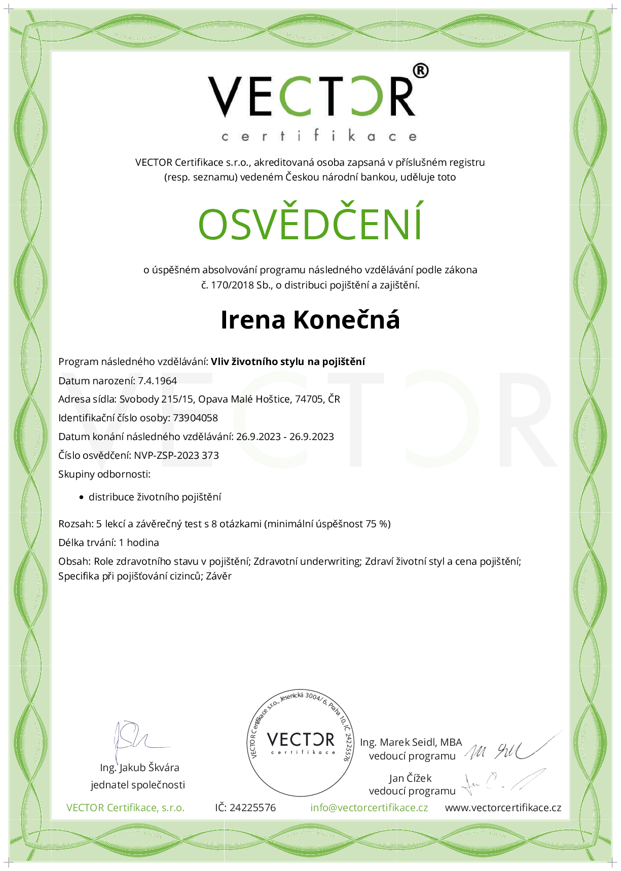 Osvědčení kurzu: Vliv životního stylu na pojištění (NVP-ZSP-2023)