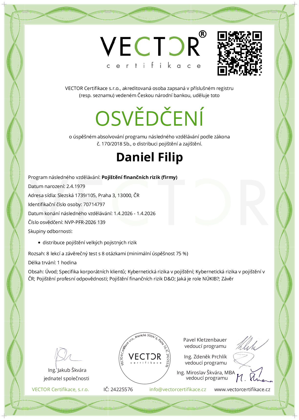 Osvědčení kurzu: Pojištění finančních rizik (firmy) (NVP-PFR-2026)