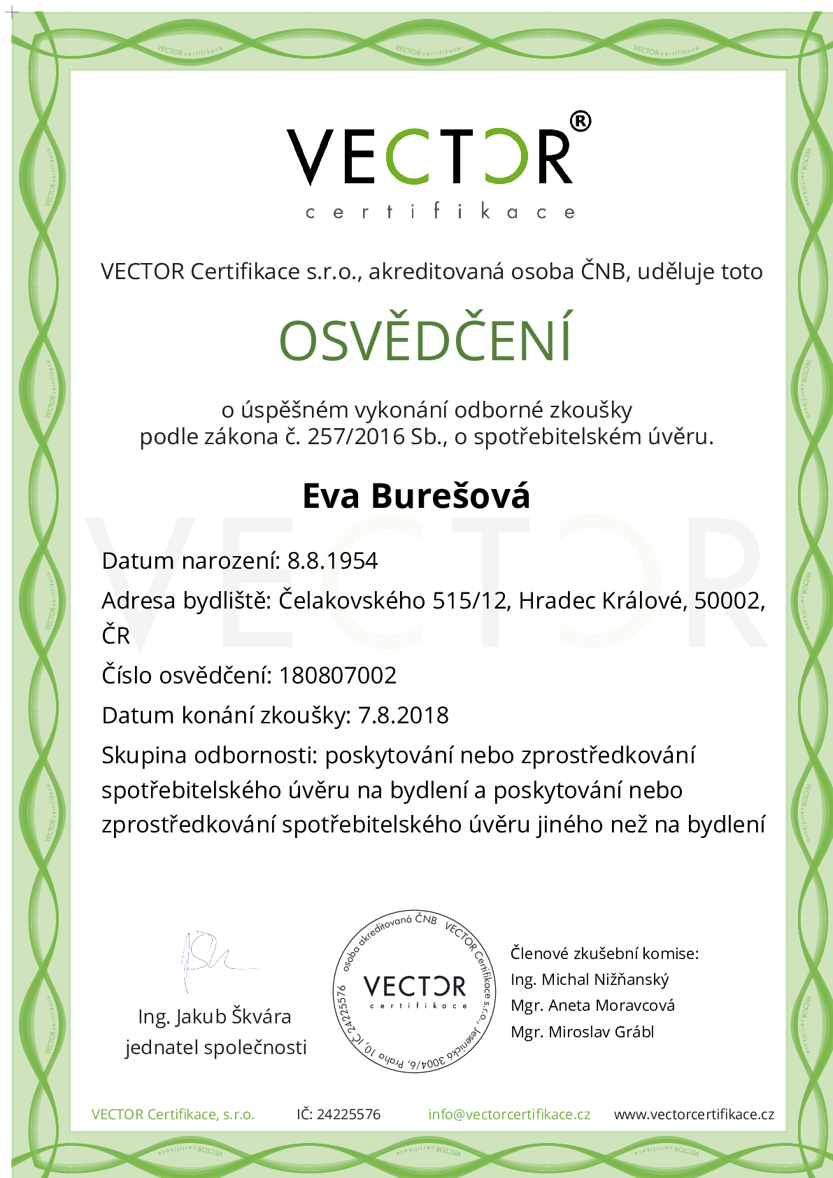 Osvědčení ze zkoušky: IV. ZSU-ABC - Souhrnná zkouška na úvěry