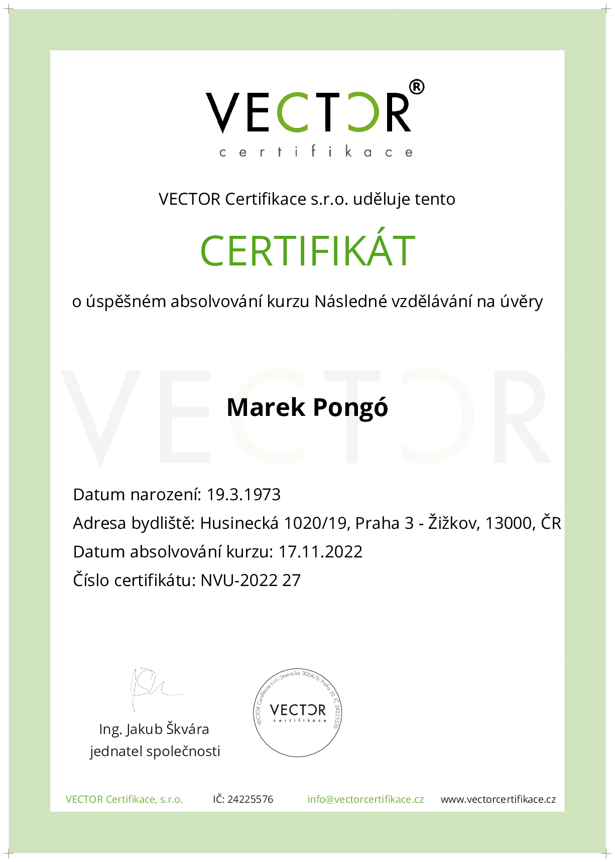 Osvědčení kurzu: Následné vzdělávání na úvěry (NVU-2022)
