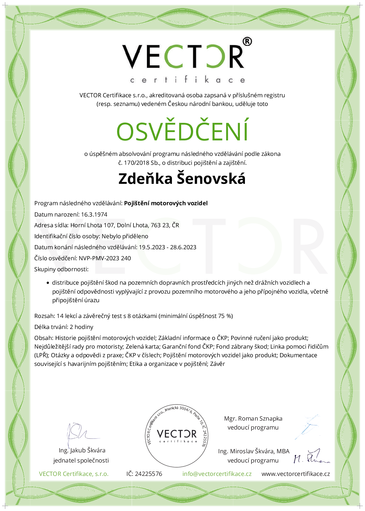 Osvědčení kurzu: Pojištění motorových vozidel (NVP-PMV-2023)
