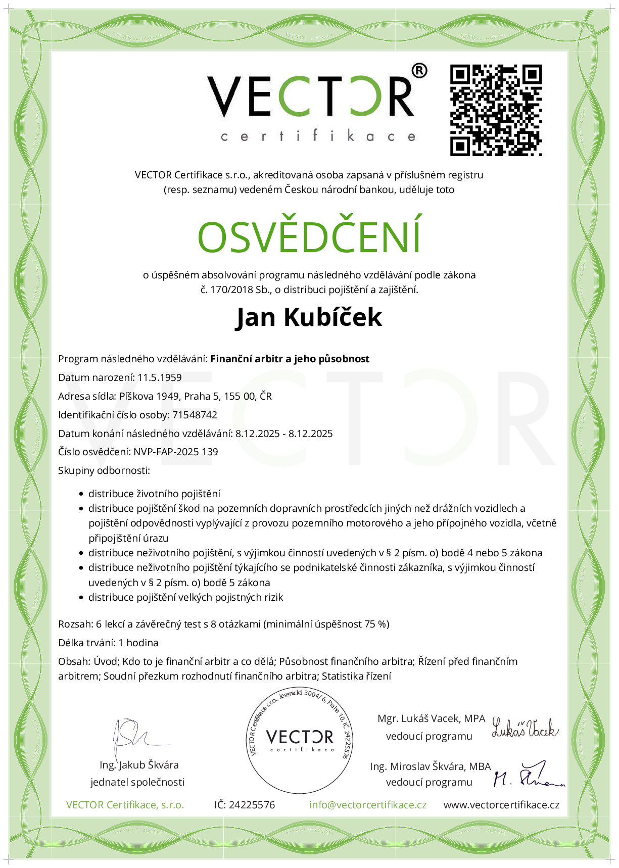 Osvědčení kurzu: Finanční arbitr a jeho působnost (NVP-FAP-2025)