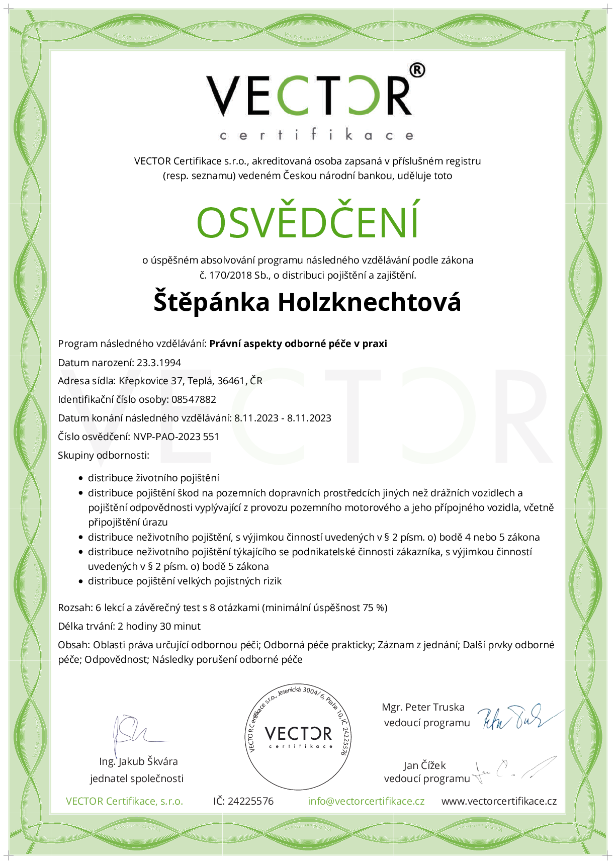 Osvědčení kurzu: Právní aspekty odborné péče v praxi (NVP-PAO-2023)