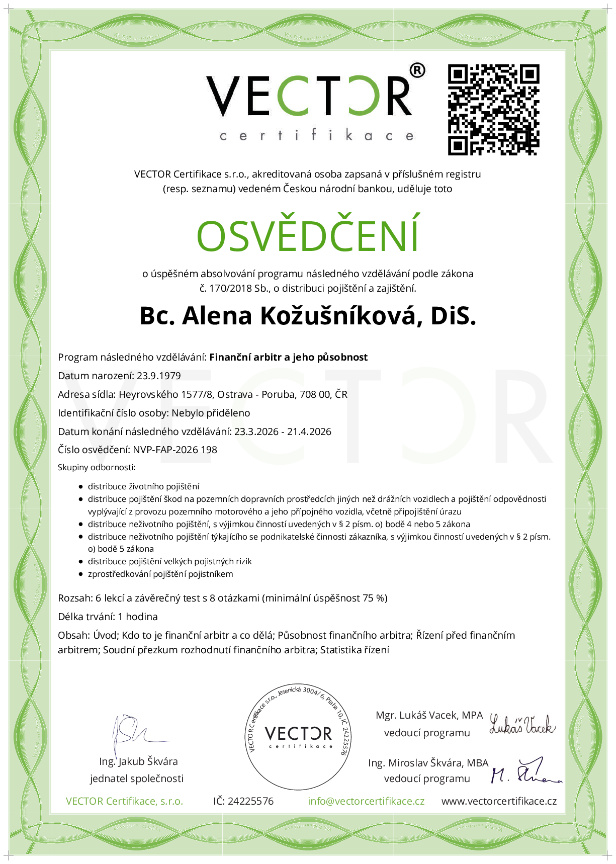 Osvědčení kurzu: Finanční arbitr a jeho působnost (NVP-FAP-2026)