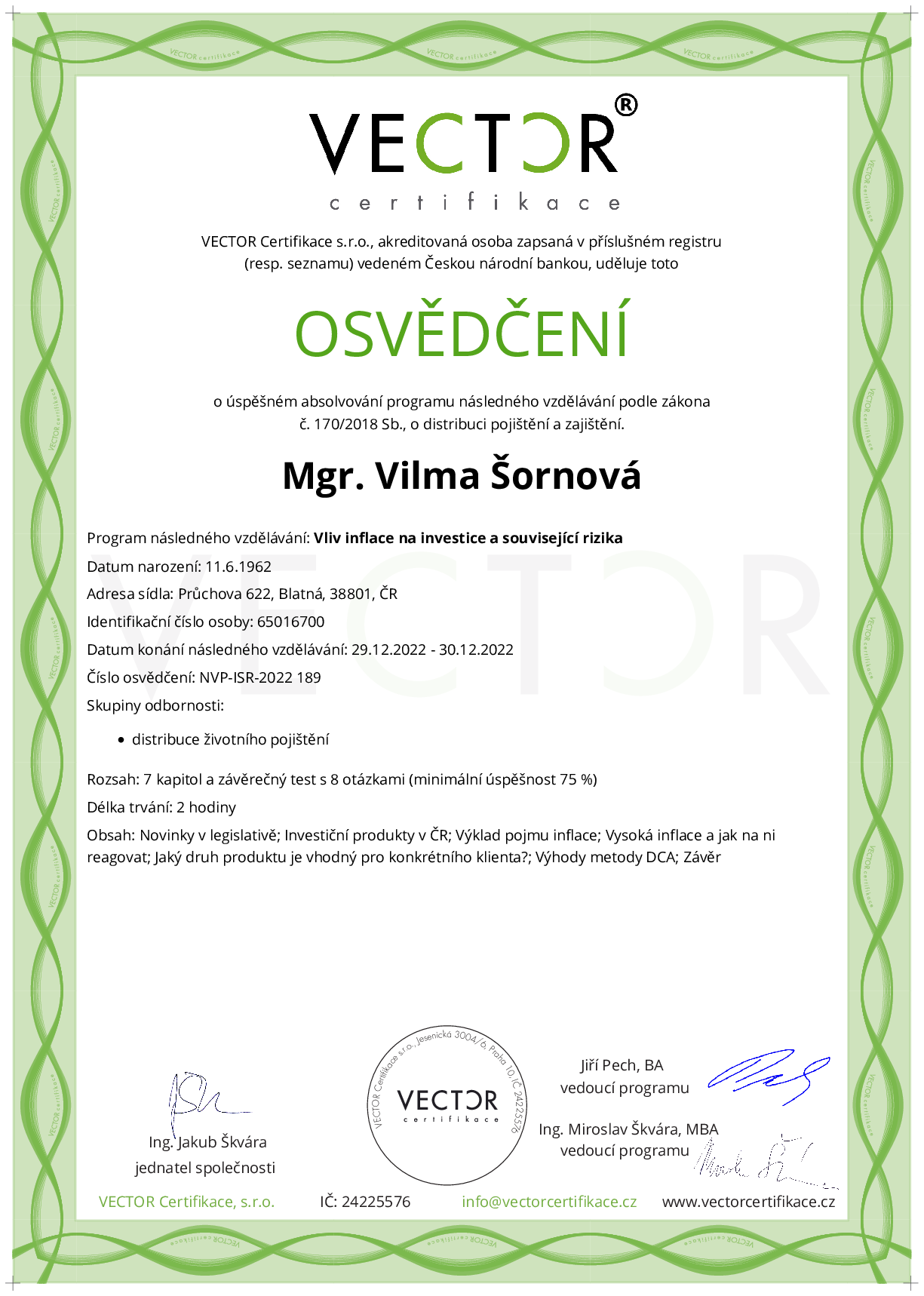 Osvědčení kurzu: Vliv inflace na investice a související rizika (NVP-ISR-2022)