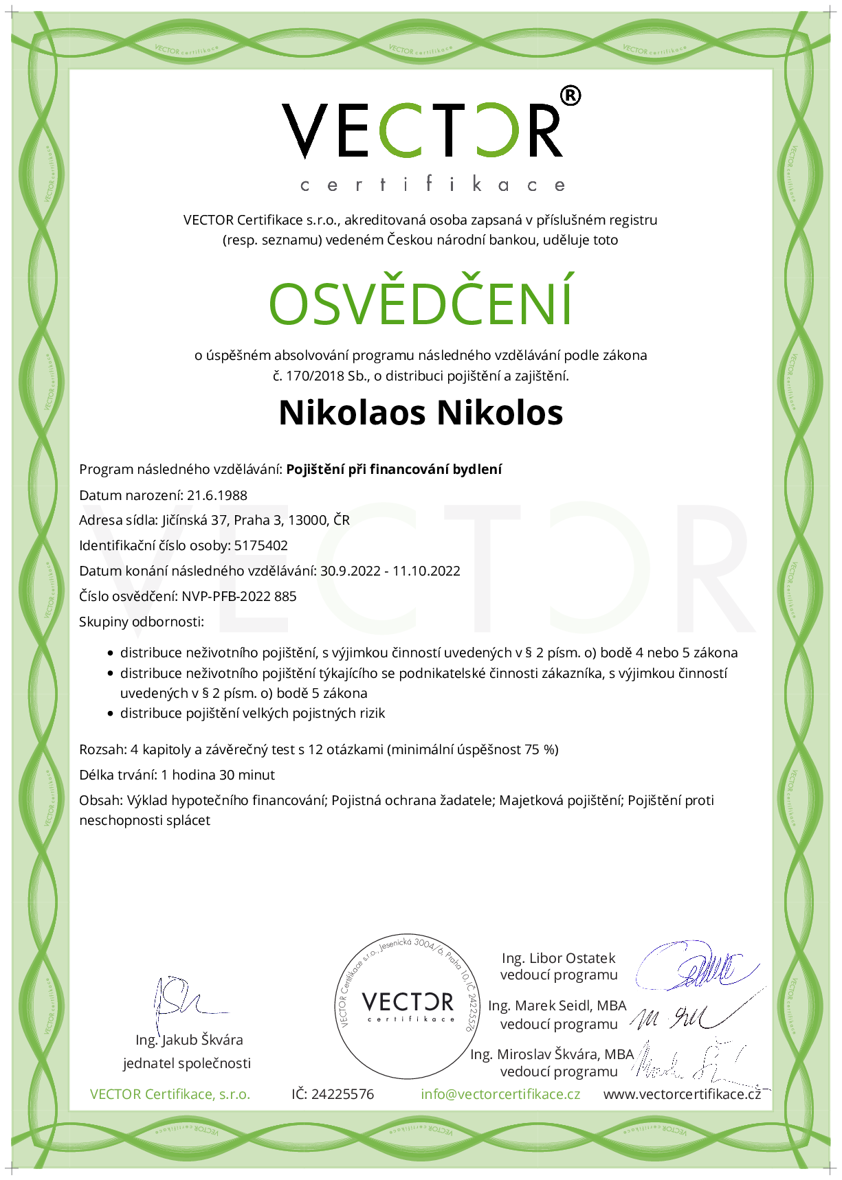 Osvědčení kurzu: Pojištění při financování bydlení (NVP-PFB-2022)