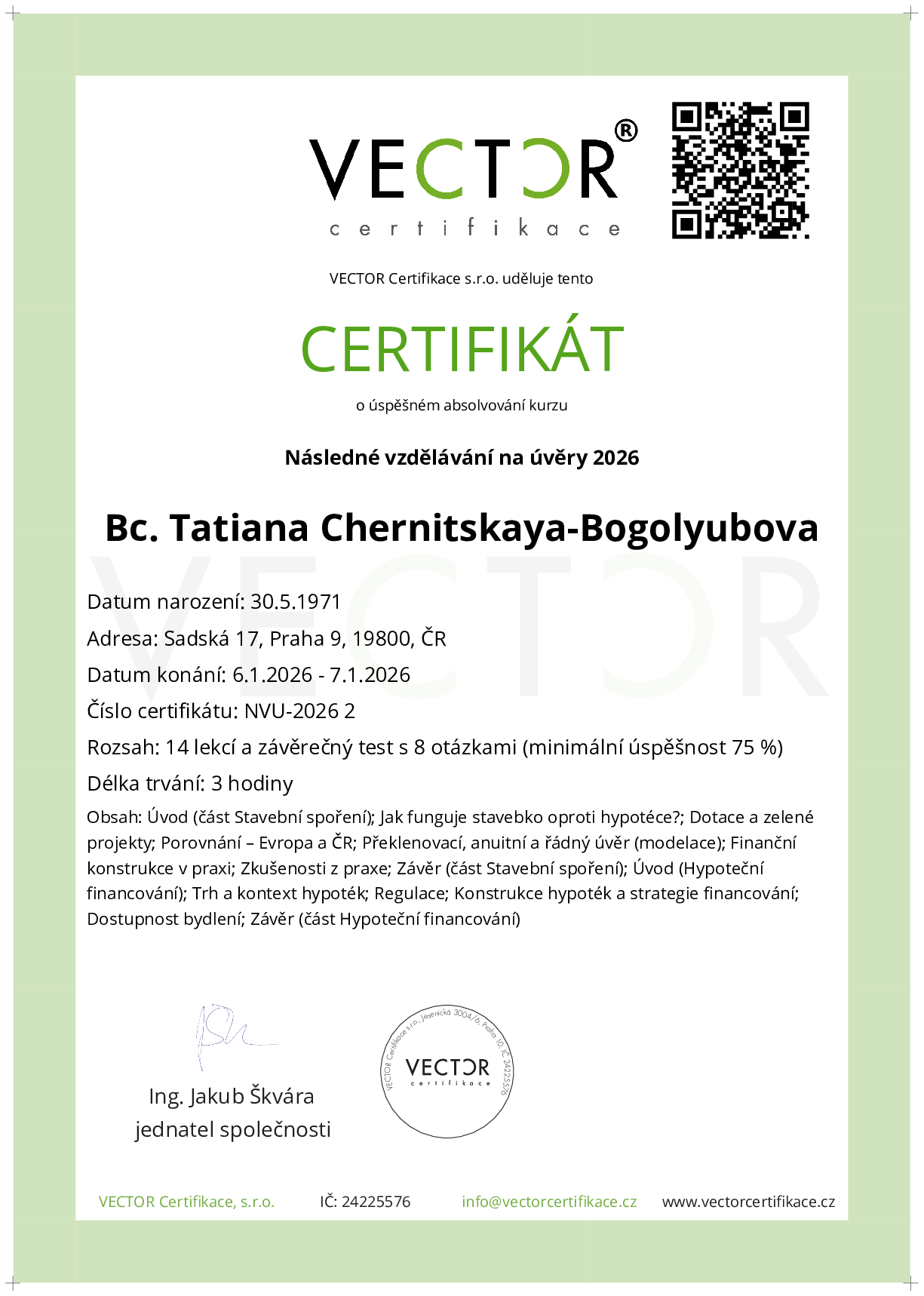 Osvědčení kurzu: Následné vzdělávání na úvěry 2026 (NVU-2026)
