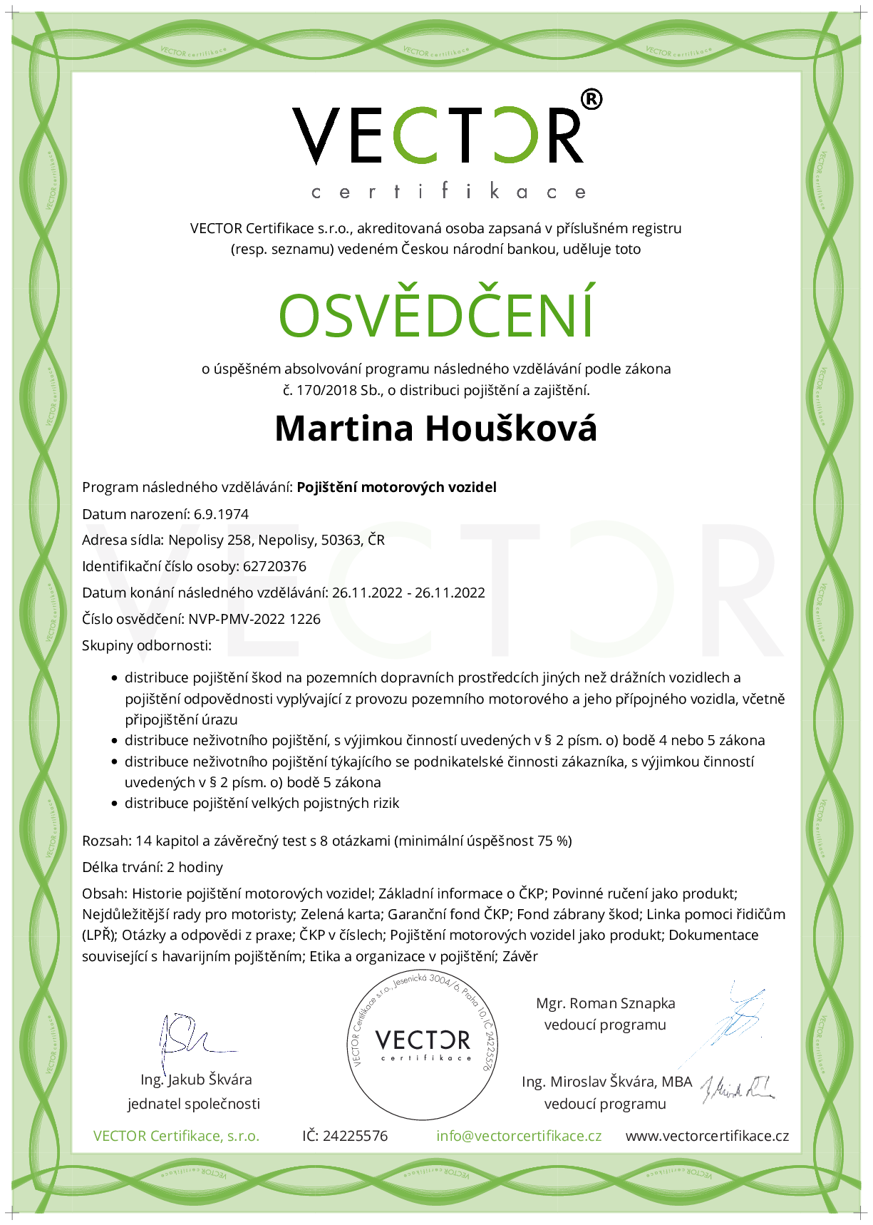 Osvědčení kurzu: Pojištění motorových vozidel (NVP-PMV-2022)