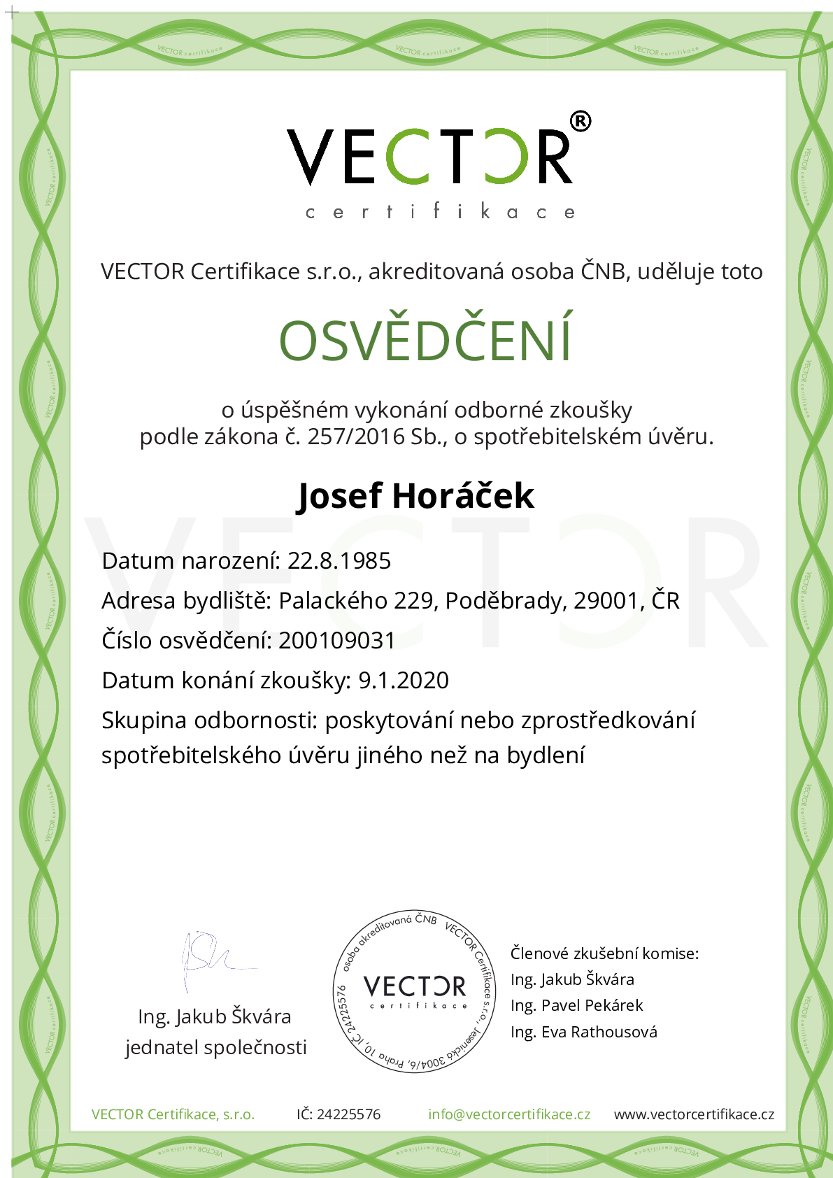 Osvědčení ze zkoušky: I. ZSU-JNB - Úvěr jiný než na bydlení