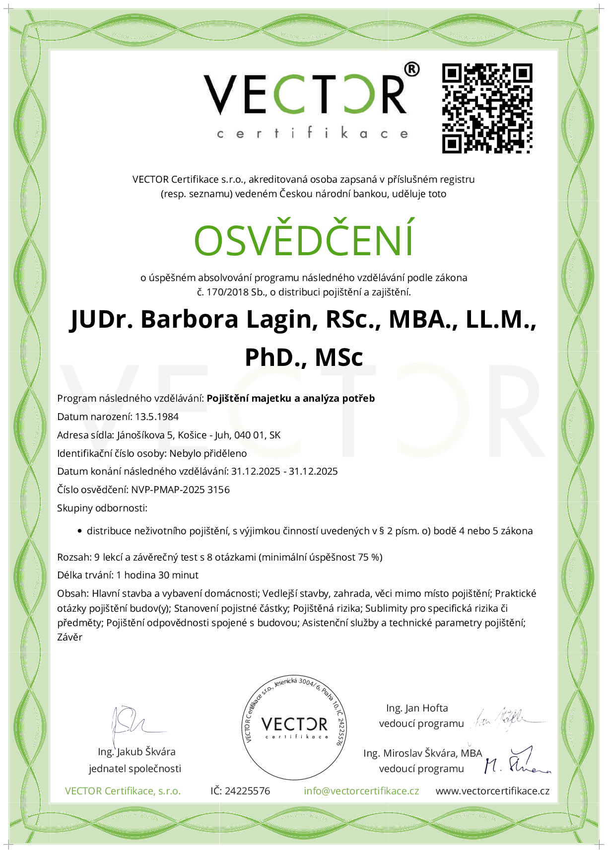 Osvědčení kurzu: Pojištění majetku a analýza potřeb (NVP-PMAP-2025)