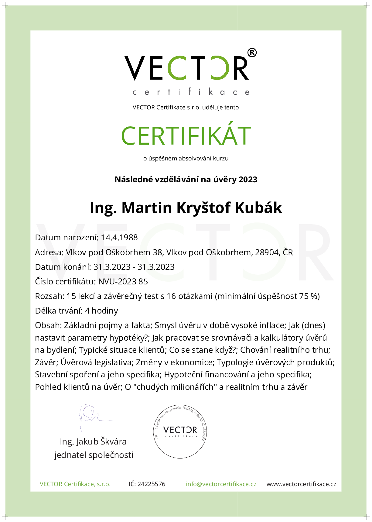 Osvědčení kurzu: Následné vzdělávání na úvěry 2023 (NVU-2023)