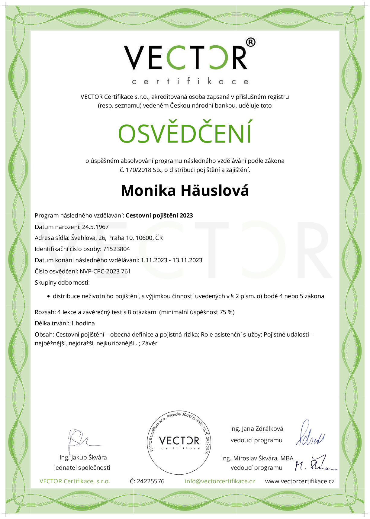 Osvědčení kurzu: Cestovní pojištění 2023 (NVP-CPC-2023)