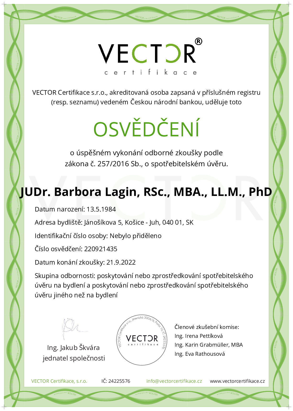 Osvědčení ze zkoušky: IV. ZSU-ABC - Souhrnná zkouška na úvěry