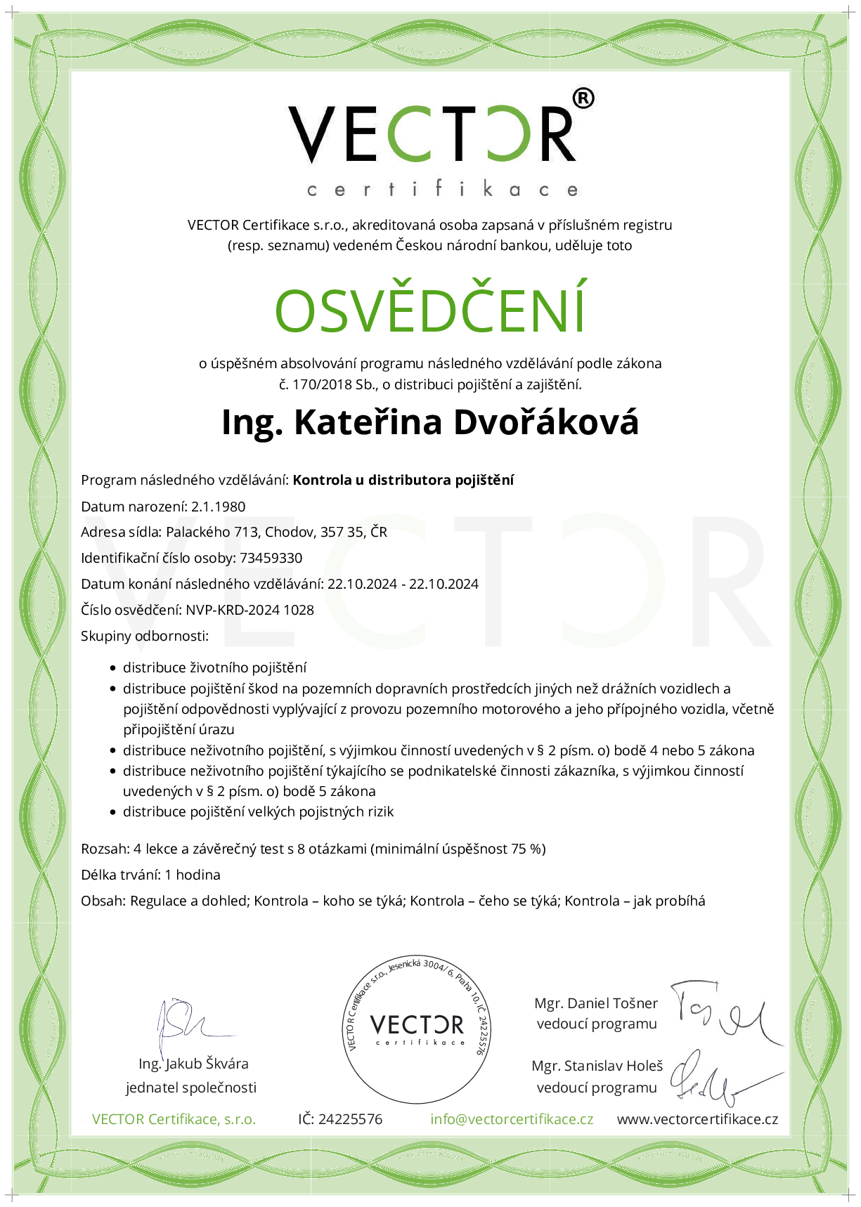 Osvědčení kurzu: Kontrola u distributora pojištění (NVP-KRD-2024)