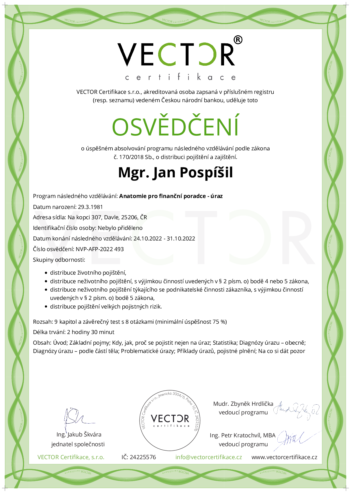 Osvědčení kurzu: Anatomie pro finanční poradce - úraz (NVP-AFP-2022)