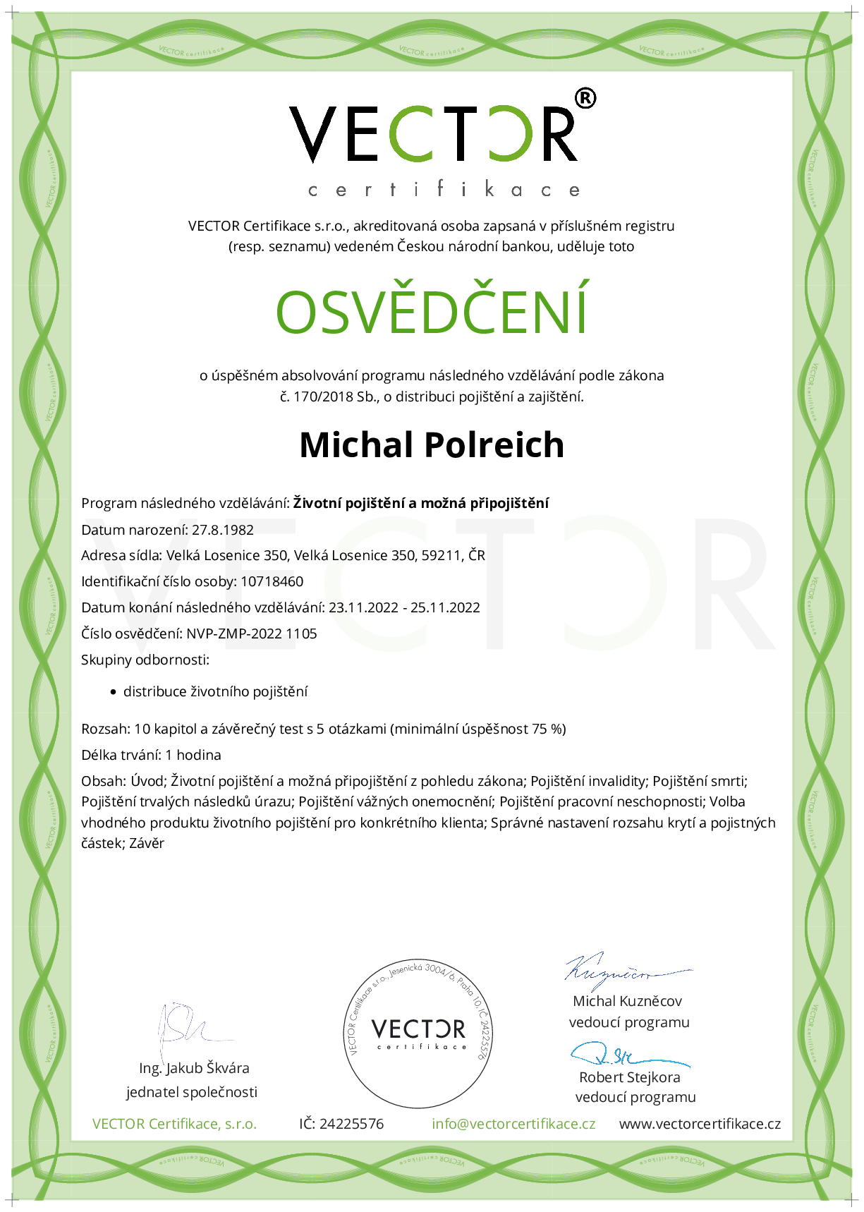 Osvědčení kurzu: Životní pojištění a možná připojištění (NVP-ZMP-2022)