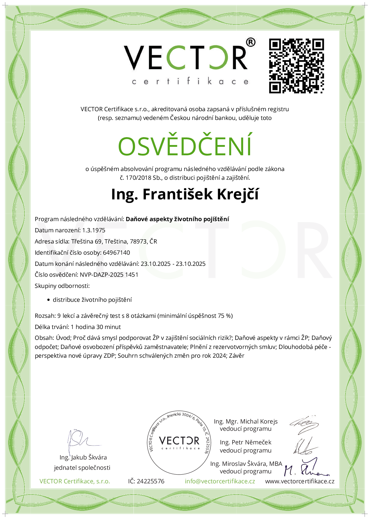 Osvědčení kurzu: Daňové aspekty životního pojištění (NVP-DAZP-2025)