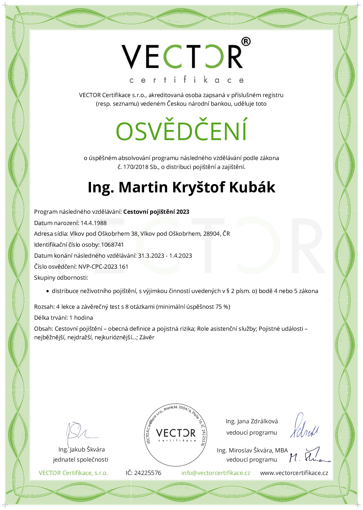 Osvědčení kurzu: Cestovní pojištění 2023 (NVP-CPC-2023)