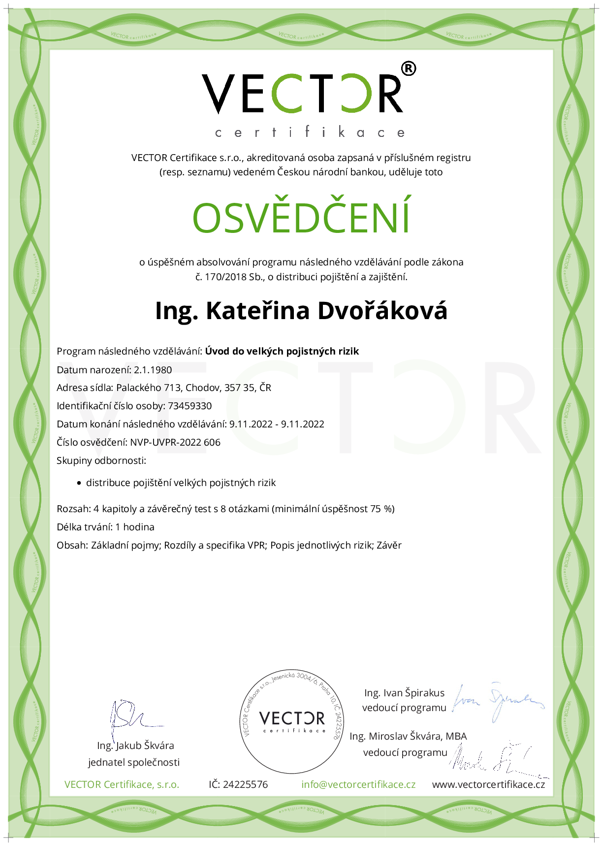 Osvědčení kurzu: Úvod do velkých pojistných rizik (NVP-UVPR-2022)