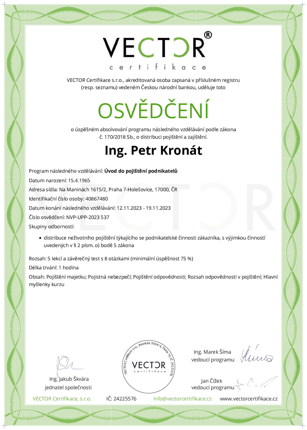 Osvědčení kurzu: Úvod do pojištění podnikatelů (NVP-UPP-2023)