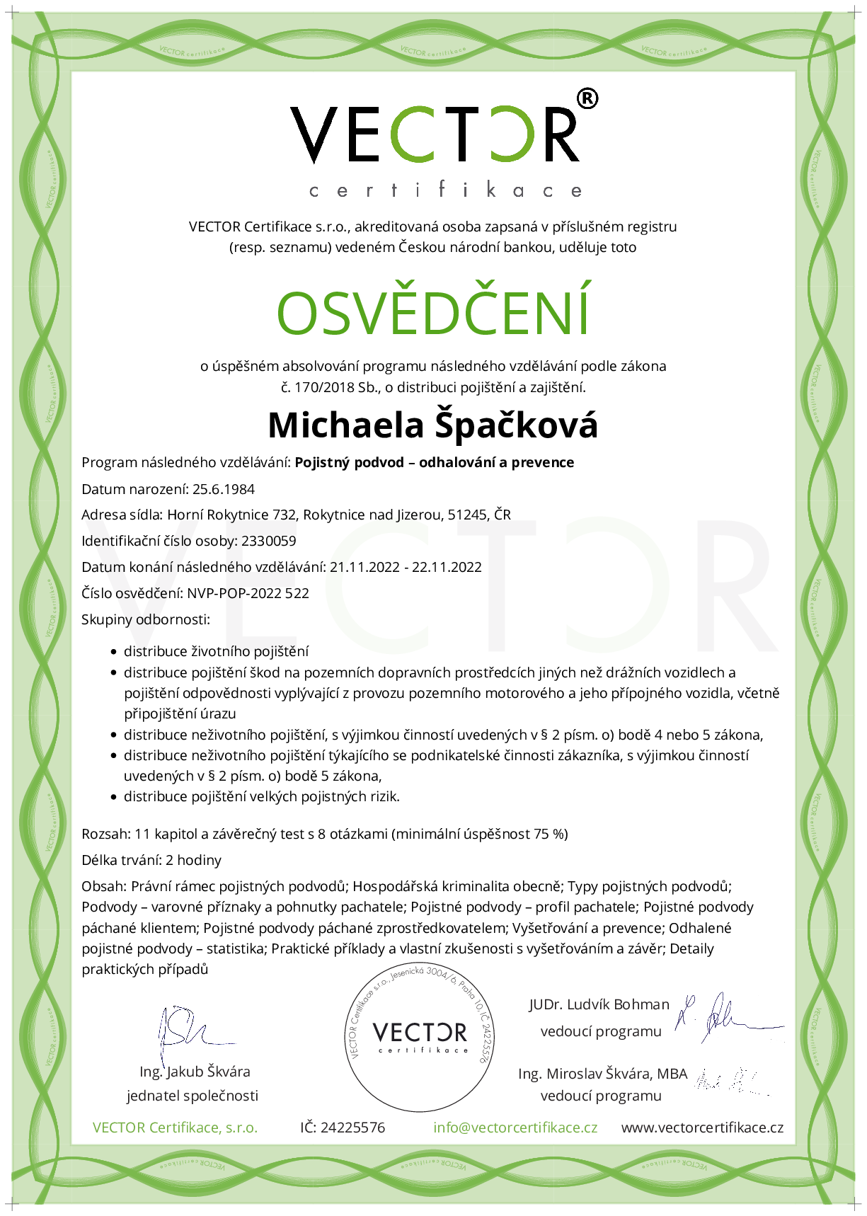 Osvědčení kurzu: Pojistný podvod – odhalování a prevence (NVP-POP-2022)