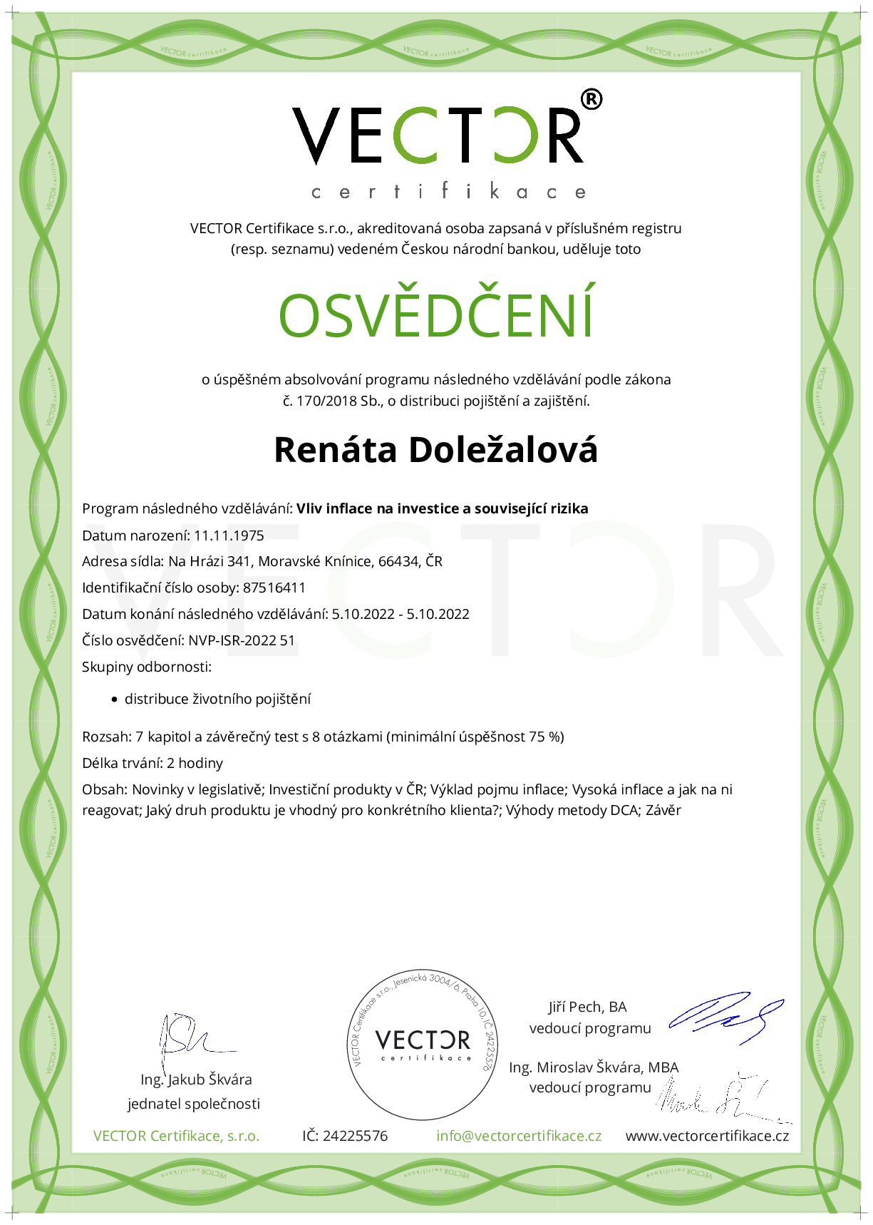 Osvědčení kurzu: Vliv inflace na investice a související rizika (NVP-ISR-2022)