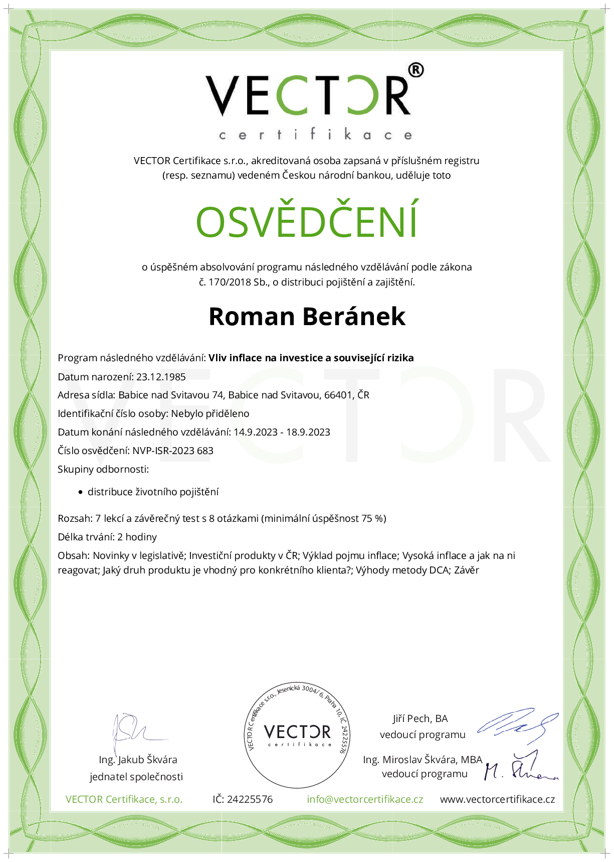 Osvědčení kurzu: Vliv inflace na investice a související rizika (NVP-ISR-2023)