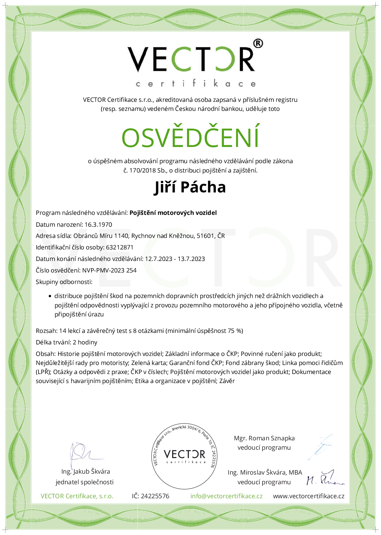 Osvědčení kurzu: Pojištění motorových vozidel (NVP-PMV-2023)