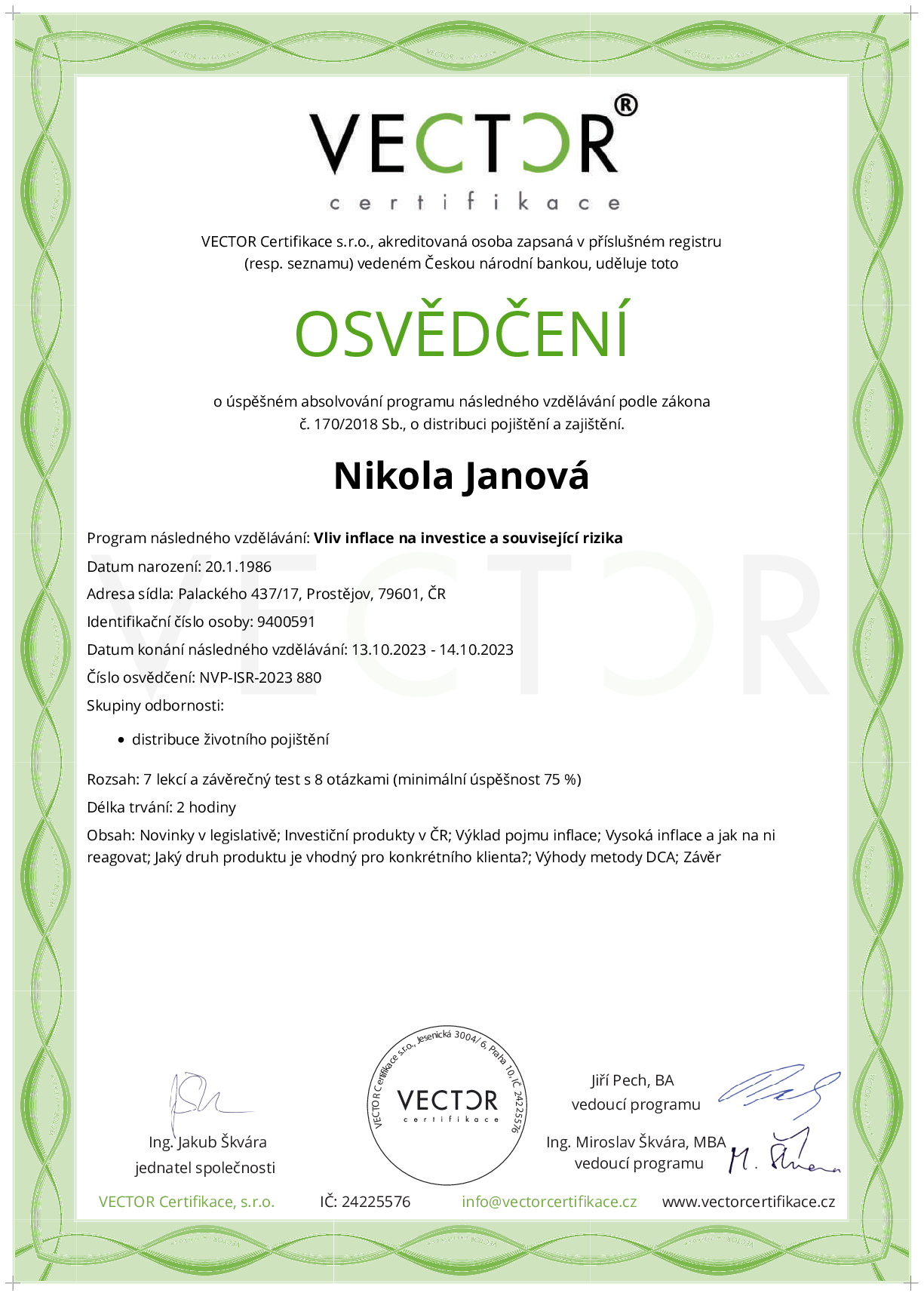 Osvědčení kurzu: Vliv inflace na investice a související rizika (NVP-ISR-2023)